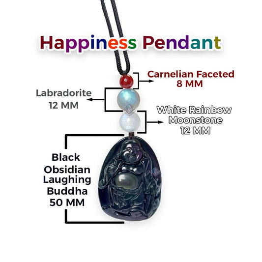 Happiness Stone Pendant Rainbow Obsidian Laughing Buddha With Labradorite , White Rainbow Moonstone and Carnelian Pendant Necklace