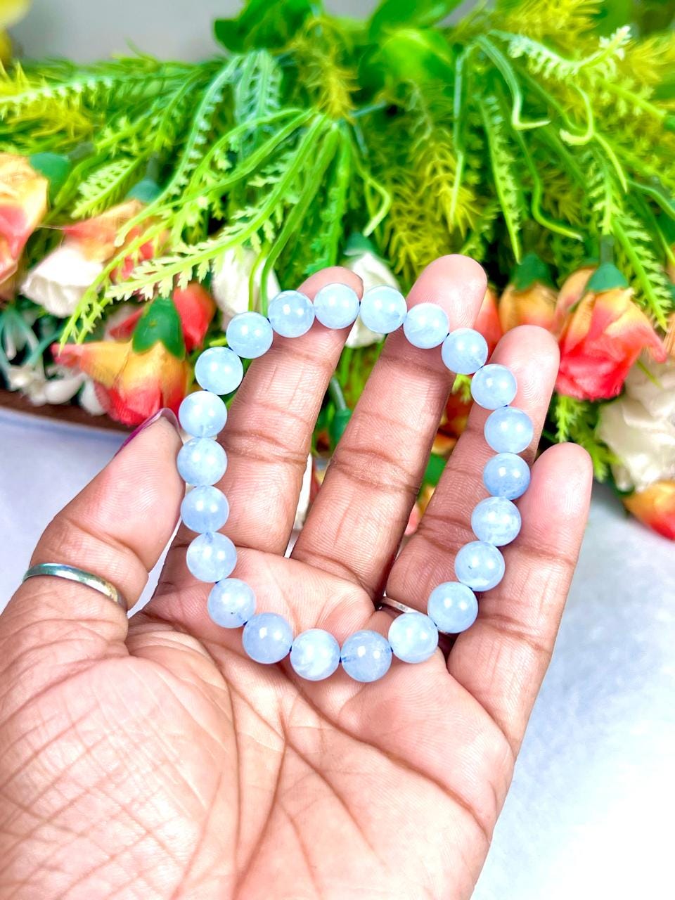 Aquamarine Stone Bracelet l Stretchable Bracelet l Unisex Bracelet l 8 MM Bracelet