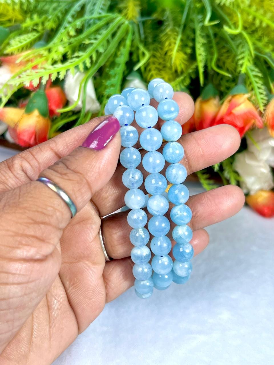 Aquamarine Stone Bracelet l Stretchable Bracelet l Unisex Bracelet l 8 MM Bracelet