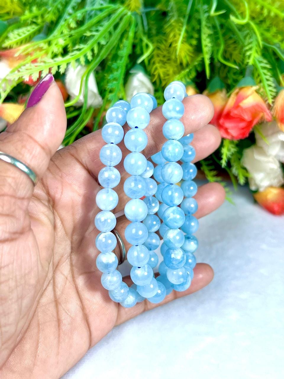 Aquamarine Stone Bracelet l Stretchable Bracelet l Unisex Bracelet l 8 MM Bracelet