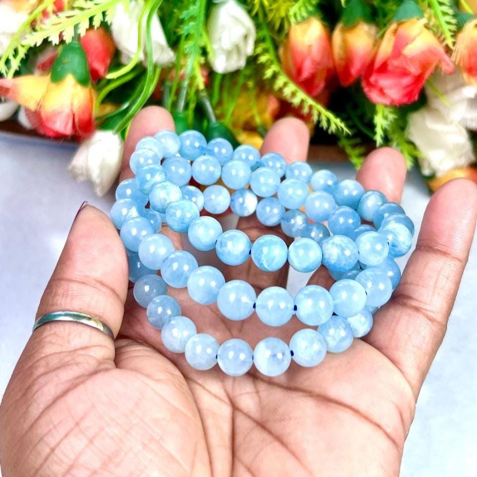 Aquamarine Stone Bracelet l Stretchable Bracelet l Unisex Bracelet l 8 MM Bracelet