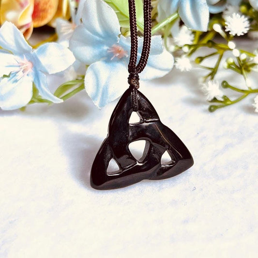 Celtic Trinity Knot Black Obsidian Stone Triquetra Knot Black Obsidian Stone With Long Cord