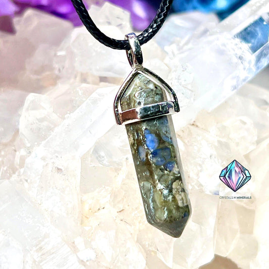 Liberite Que Sera Stone Double Point Pencil Pendant with Black Cord