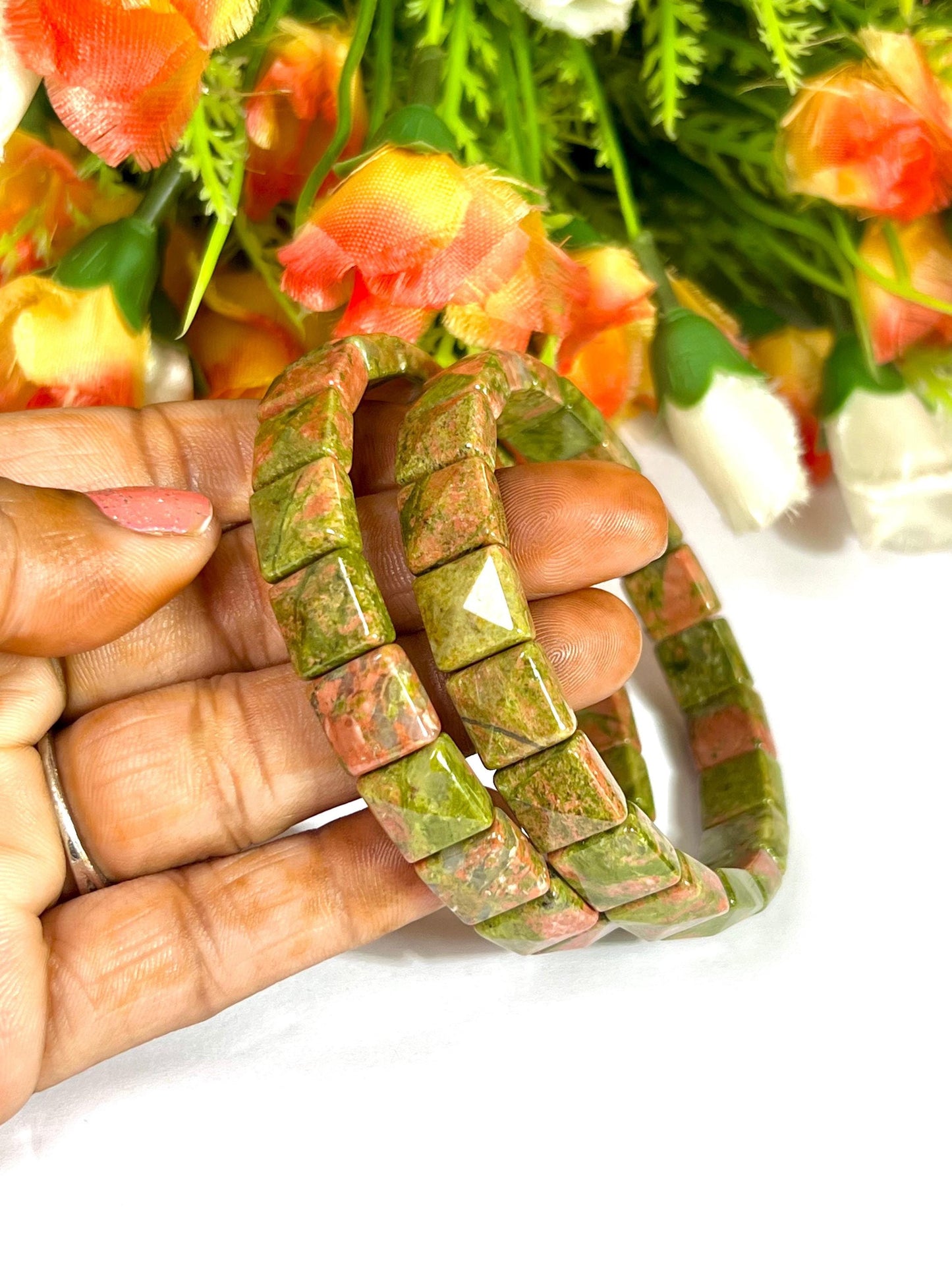 Unakite Jasper Stone Pyramid Shape 10 MM Bracelet