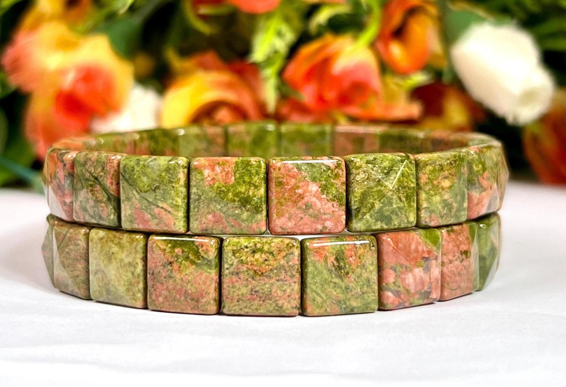 Unakite Jasper Stone Pyramid Shape 10 MM Bracelet