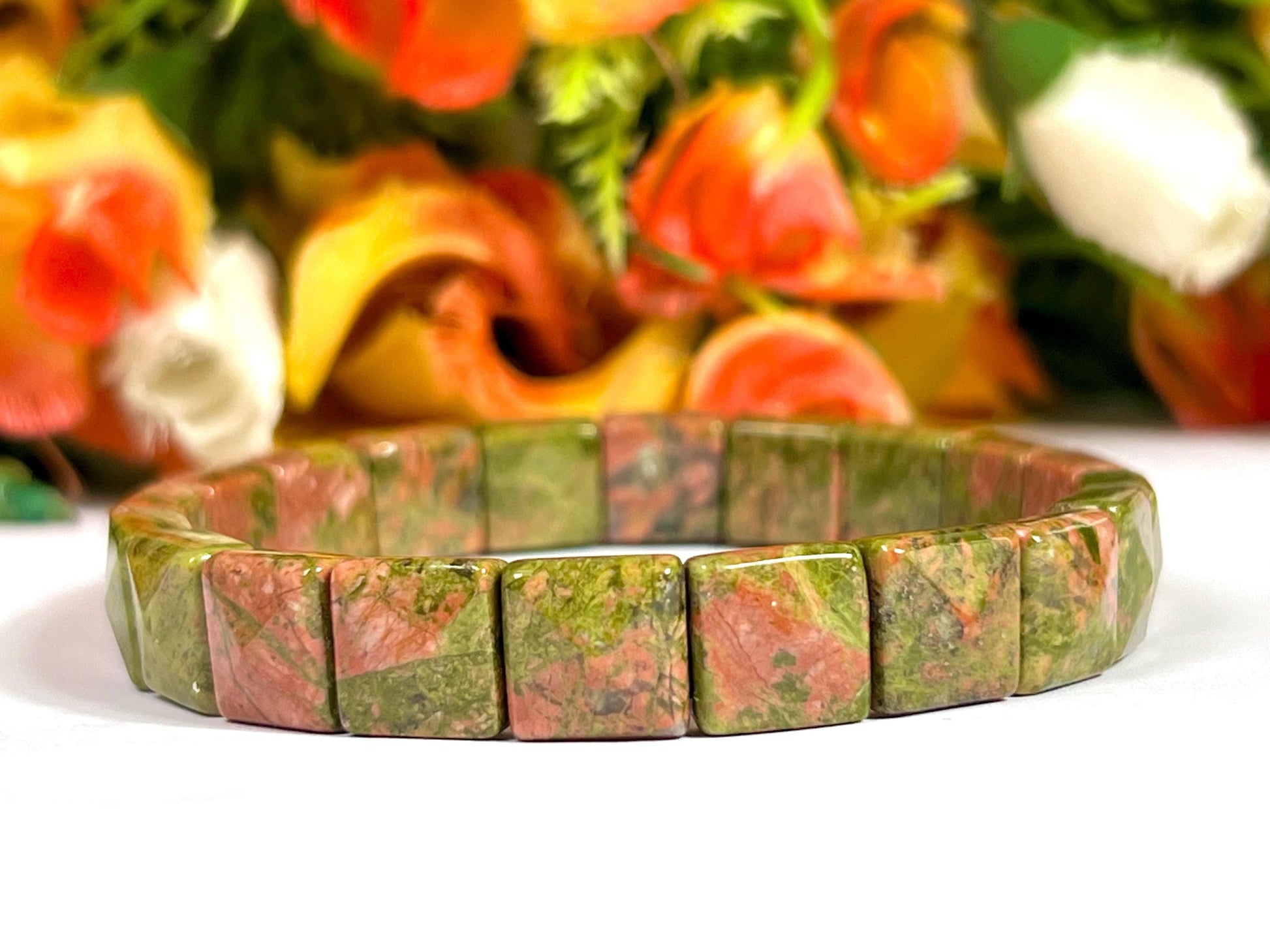 Unakite Jasper Stone Pyramid Shape 10 MM Bracelet