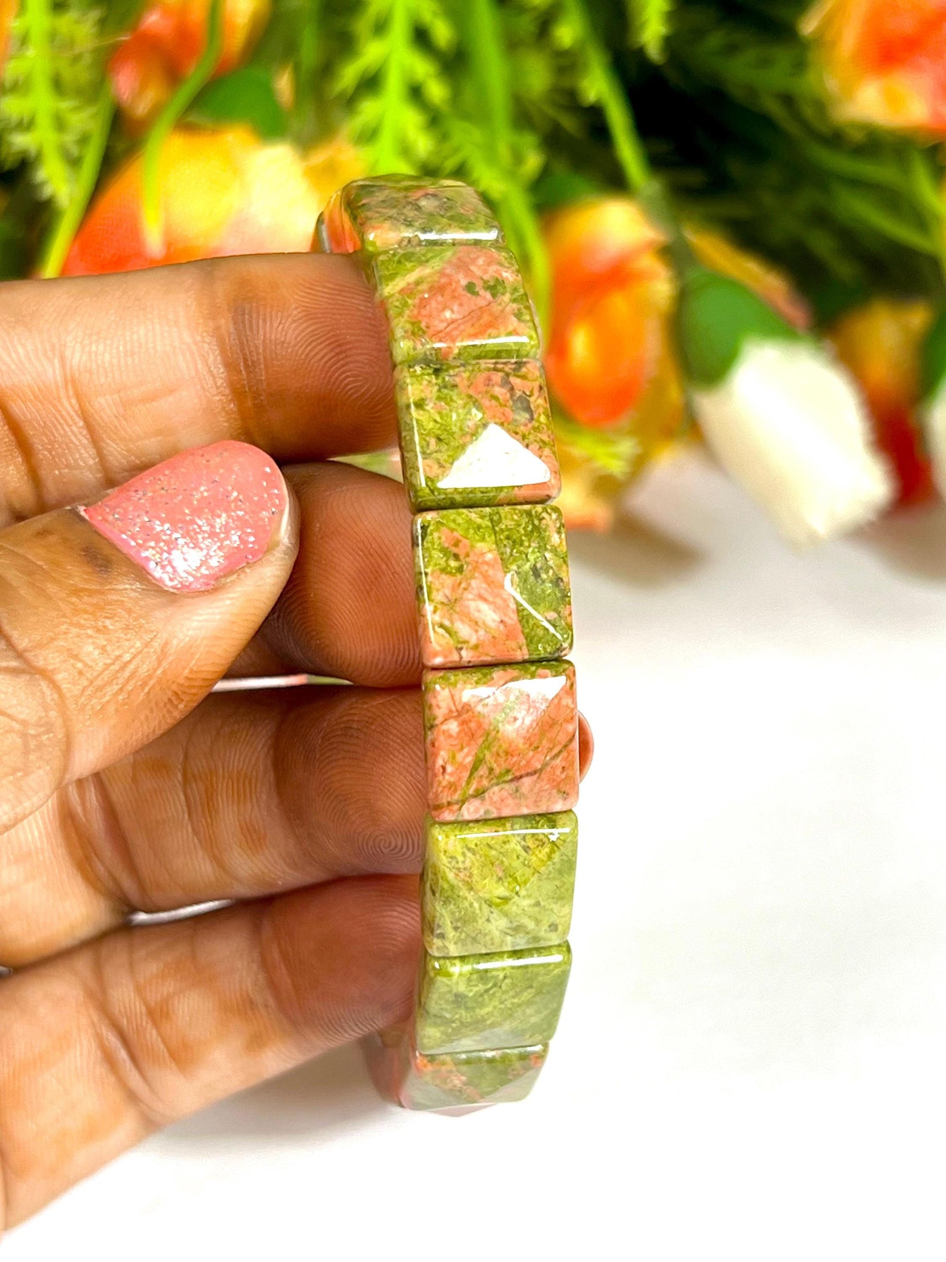 Unakite Jasper Stone Pyramid Shape 10 MM Bracelet