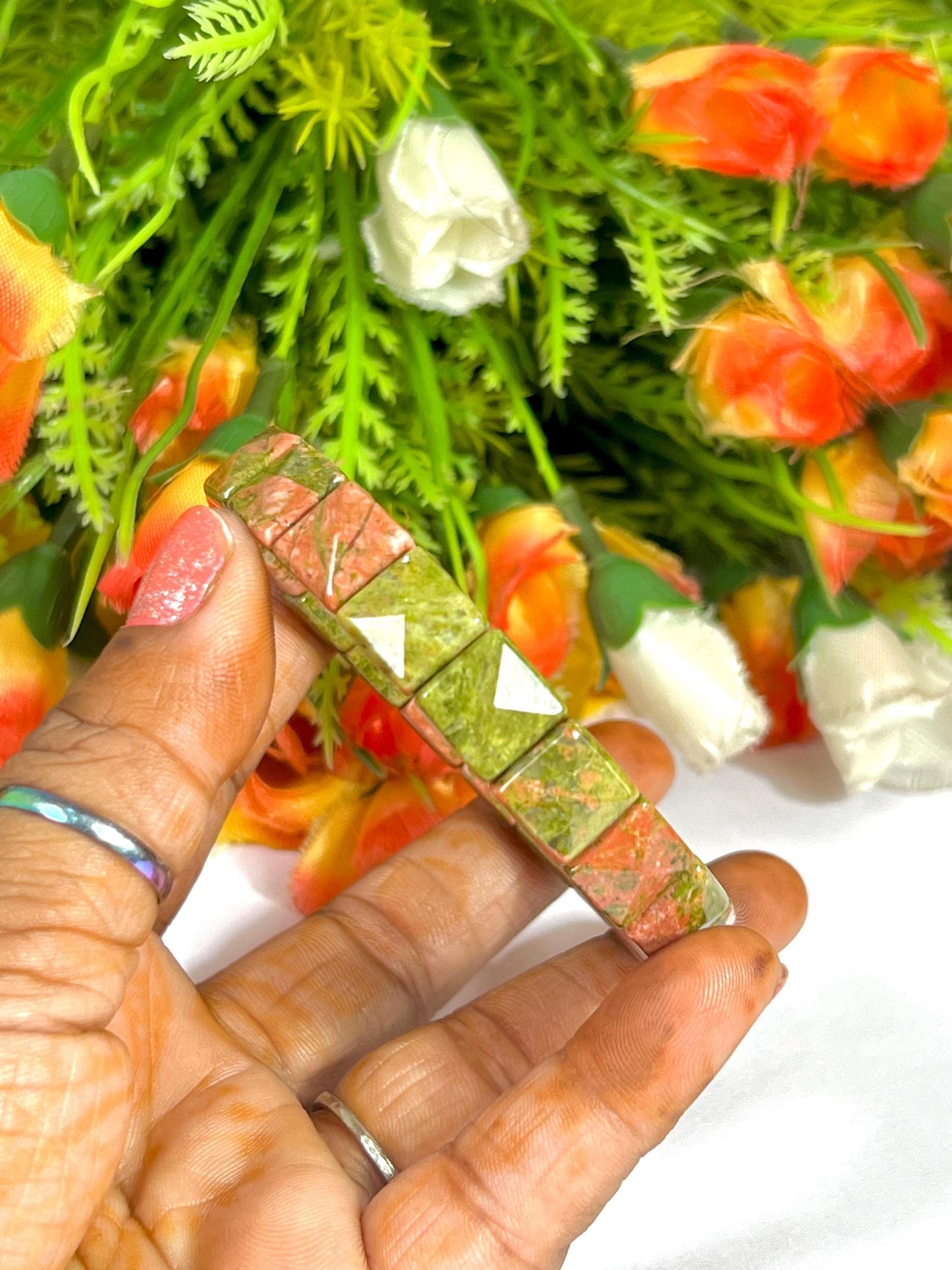Unakite Jasper Stone Pyramid Shape 10 MM Bracelet
