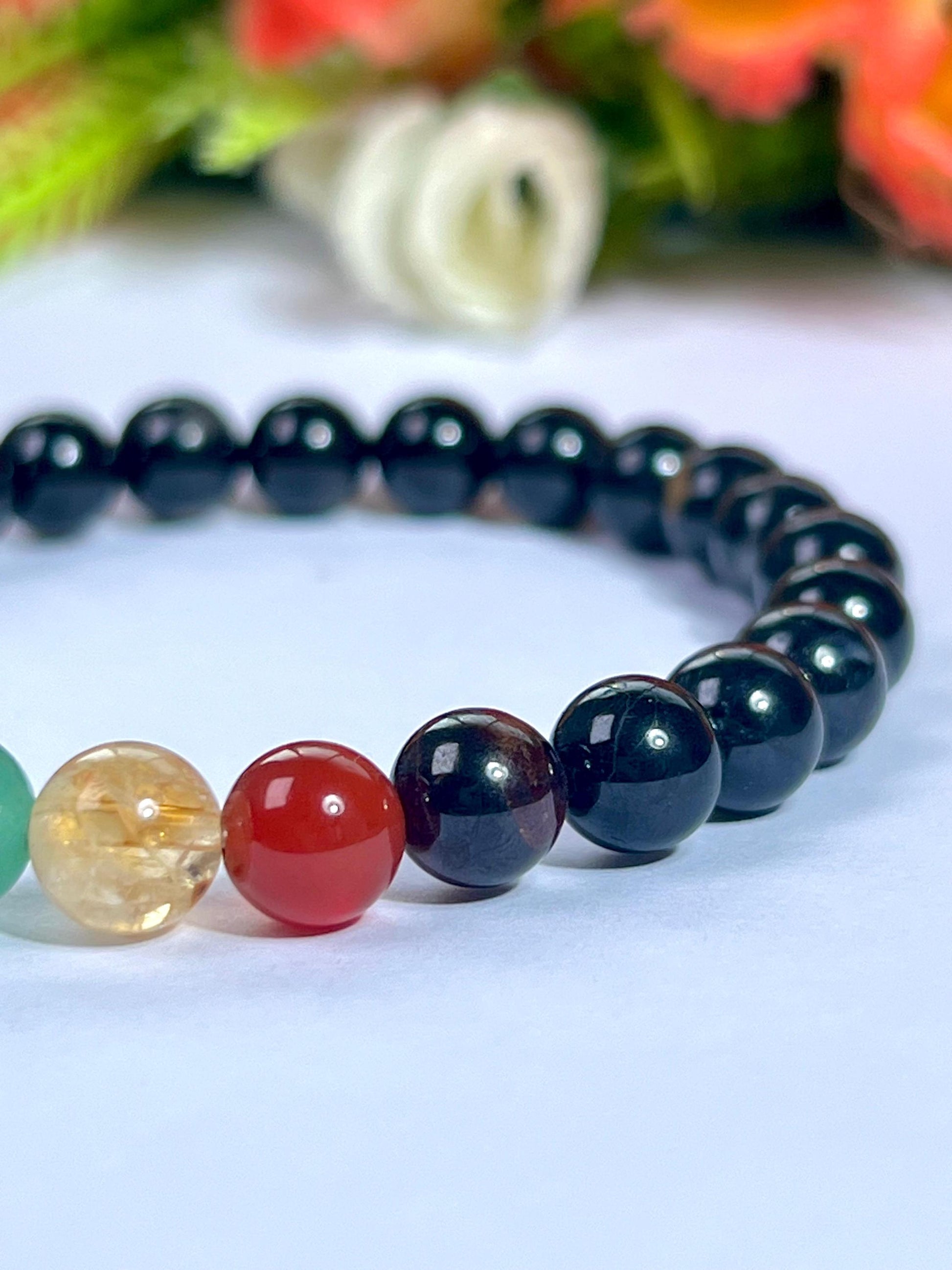 7 Chakra With Black Tourmaline Stone Bracelet l Stretchable Bracelet l Unisex Bracelet l 8 MM Bracelet