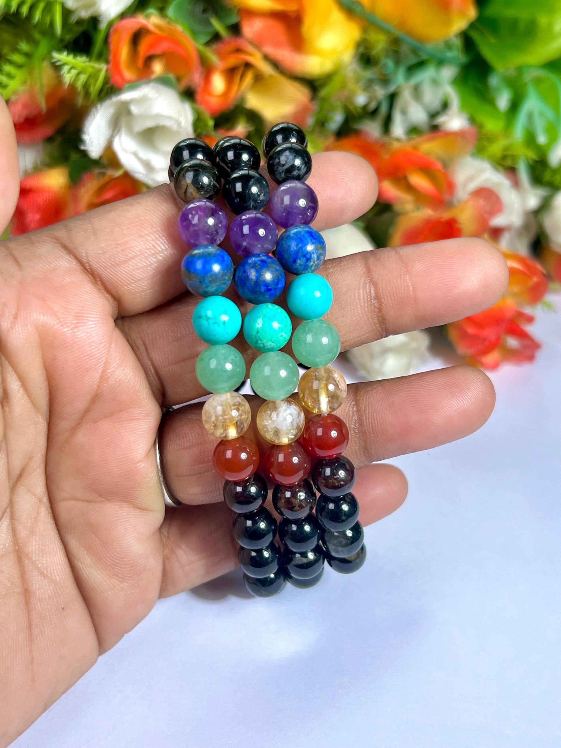 7 Chakra With Black Tourmaline Stone Bracelet l Stretchable Bracelet l Unisex Bracelet l 8 MM Bracelet
