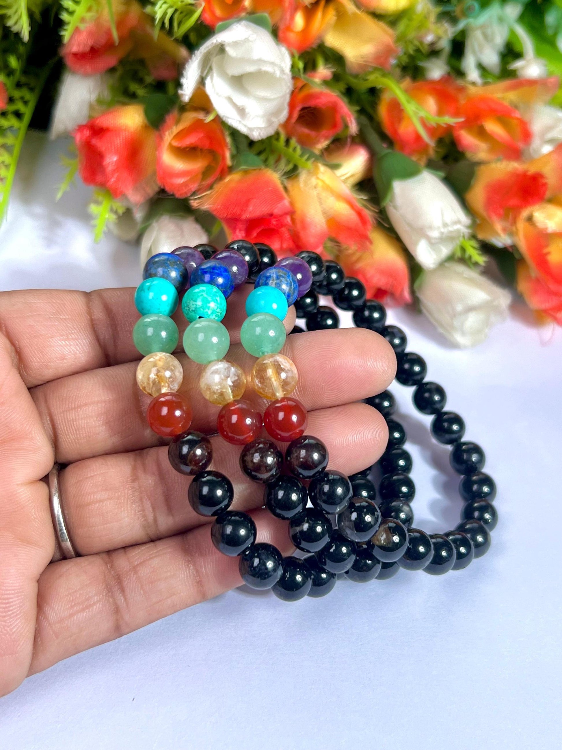 7 Chakra With Black Tourmaline Stone Bracelet l Stretchable Bracelet l Unisex Bracelet l 8 MM Bracelet