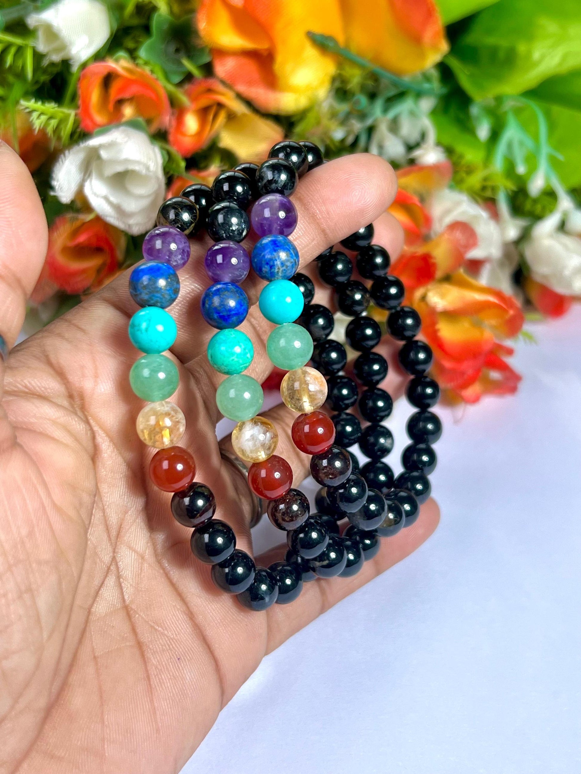 7 Chakra With Black Tourmaline Stone Bracelet l Stretchable Bracelet l Unisex Bracelet l 8 MM Bracelet