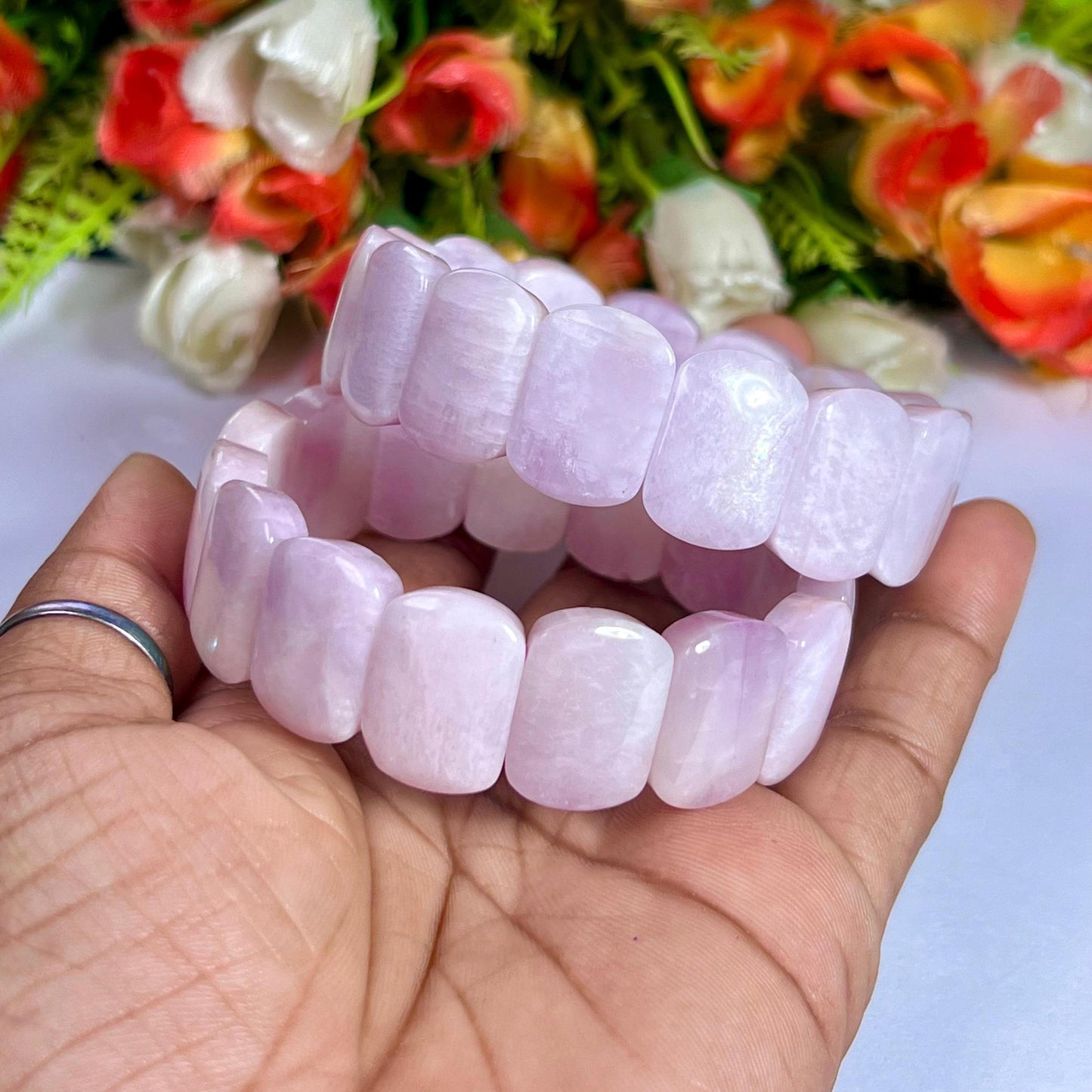 15 MM Kunzite Stone Bracelet l Stretchable Bracelet