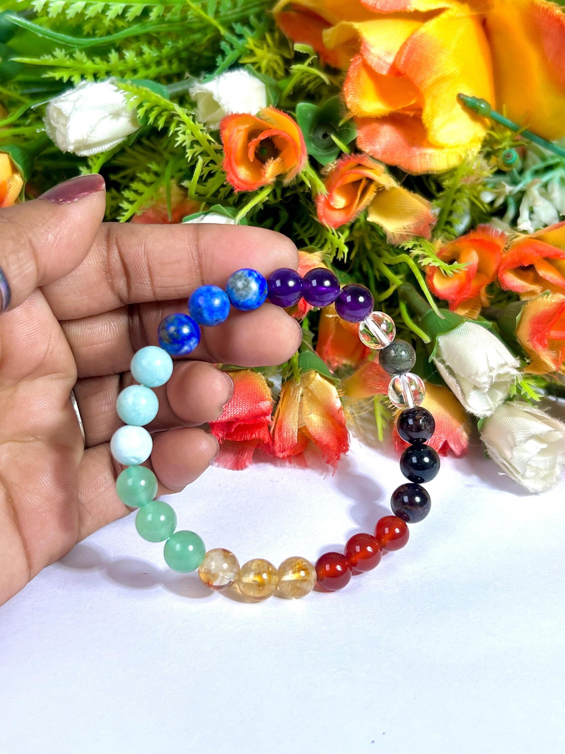7 Seven Chakra Stone Garnet Carnelian Citrine Green Aventurine Amazonite Lapis Lazuli Amethyst With Pyrie and Himalaya Crystal 8 MM Bracelet
