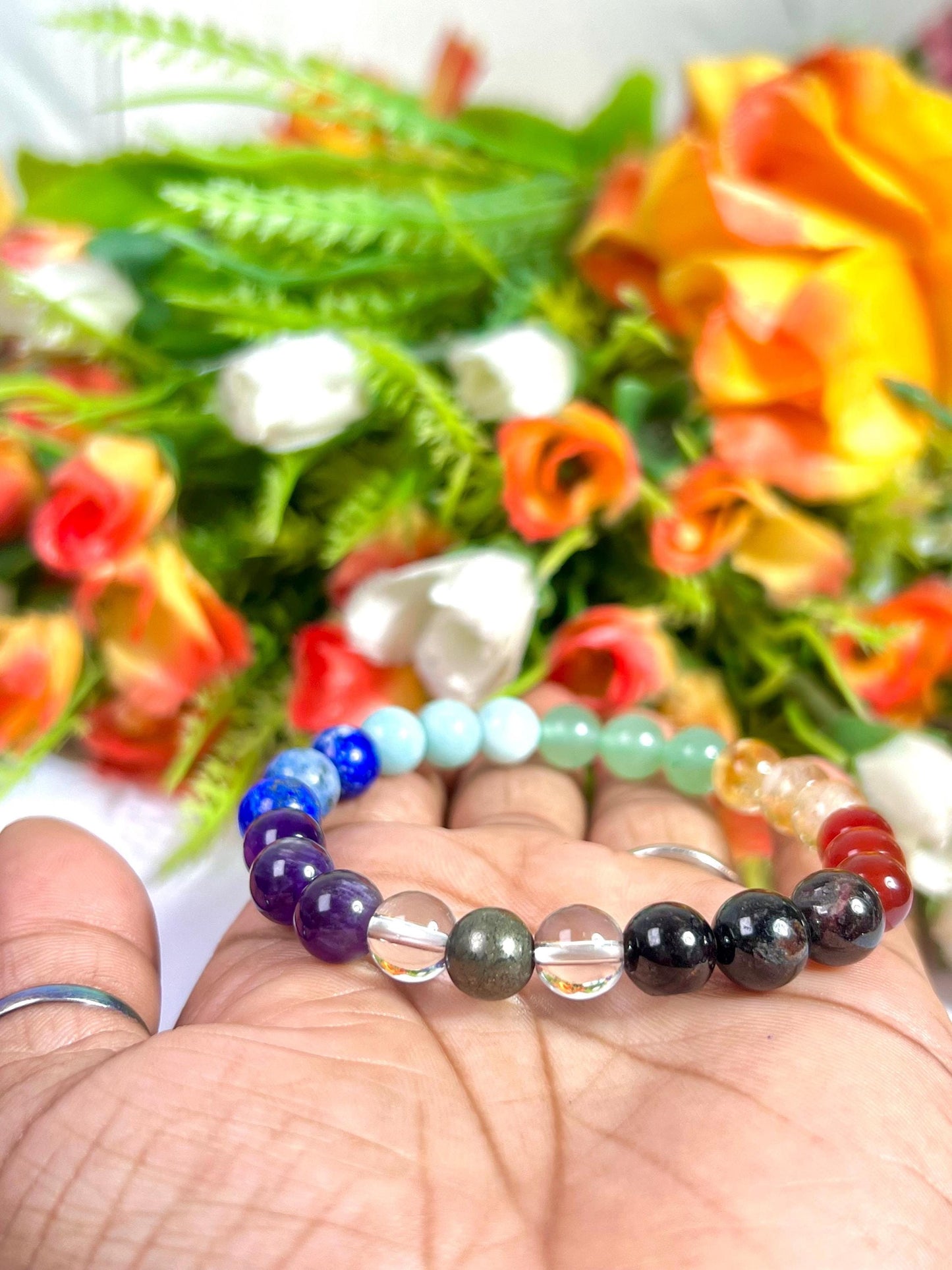 7 Seven Chakra Stone Garnet Carnelian Citrine Green Aventurine Amazonite Lapis Lazuli Amethyst With Pyrie and Himalaya Crystal 8 MM Bracelet