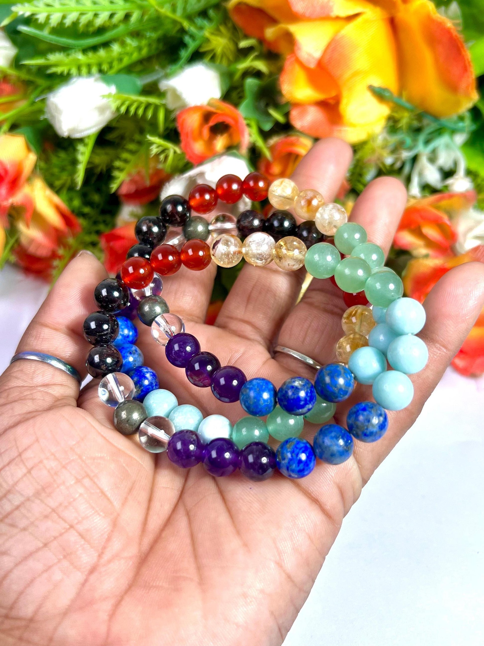 7 Seven Chakra Stone Garnet Carnelian Citrine Green Aventurine Amazonite Lapis Lazuli Amethyst With Pyrie and Himalaya Crystal 8 MM Bracelet
