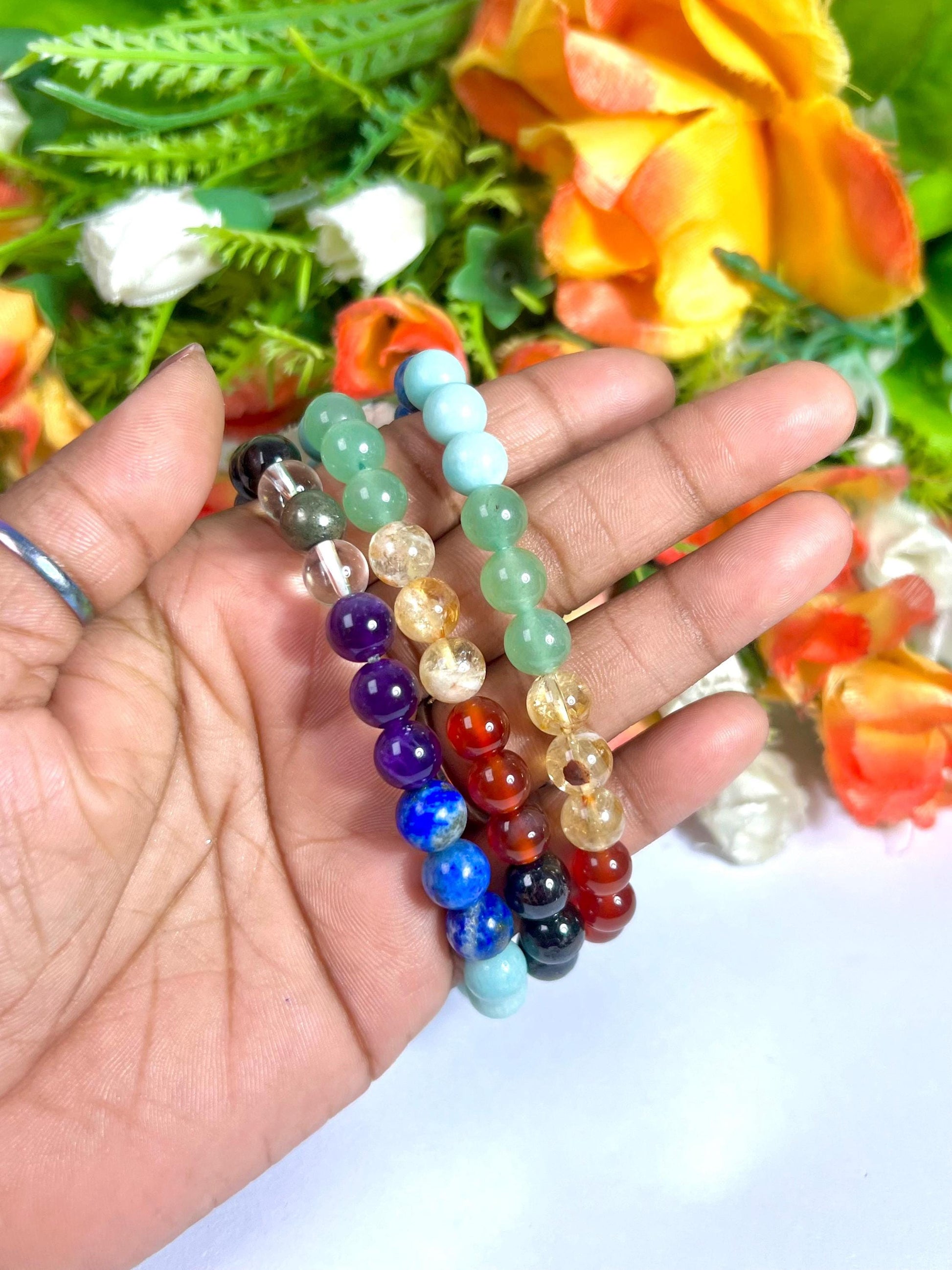 7 Seven Chakra Stone Garnet Carnelian Citrine Green Aventurine Amazonite Lapis Lazuli Amethyst With Pyrie and Himalaya Crystal 8 MM Bracelet