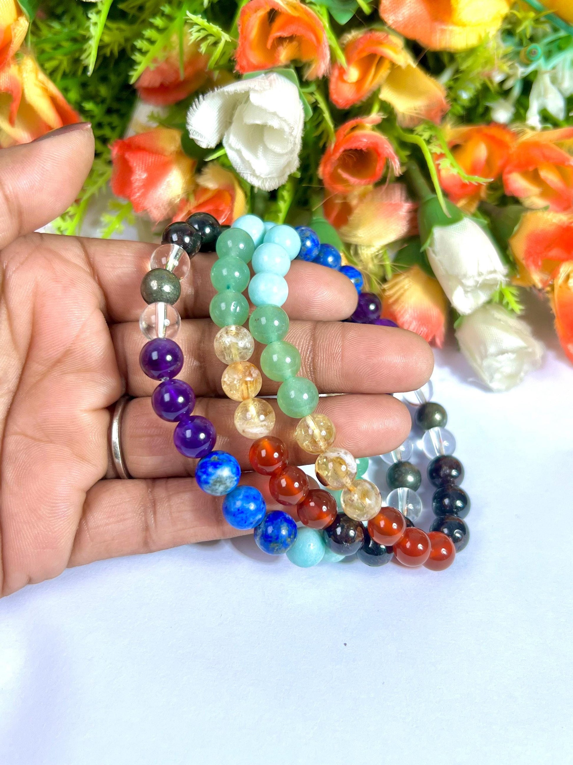 7 Seven Chakra Stone Garnet Carnelian Citrine Green Aventurine Amazonite Lapis Lazuli Amethyst With Pyrie and Himalaya Crystal 8 MM Bracelet