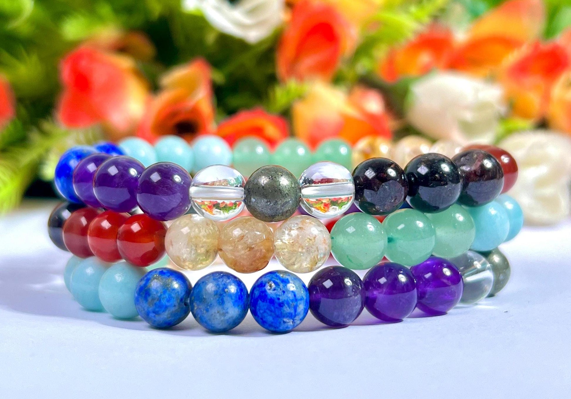 7 Seven Chakra Stone Garnet Carnelian Citrine Green Aventurine Amazonite Lapis Lazuli Amethyst With Pyrie and Himalaya Crystal 8 MM Bracelet
