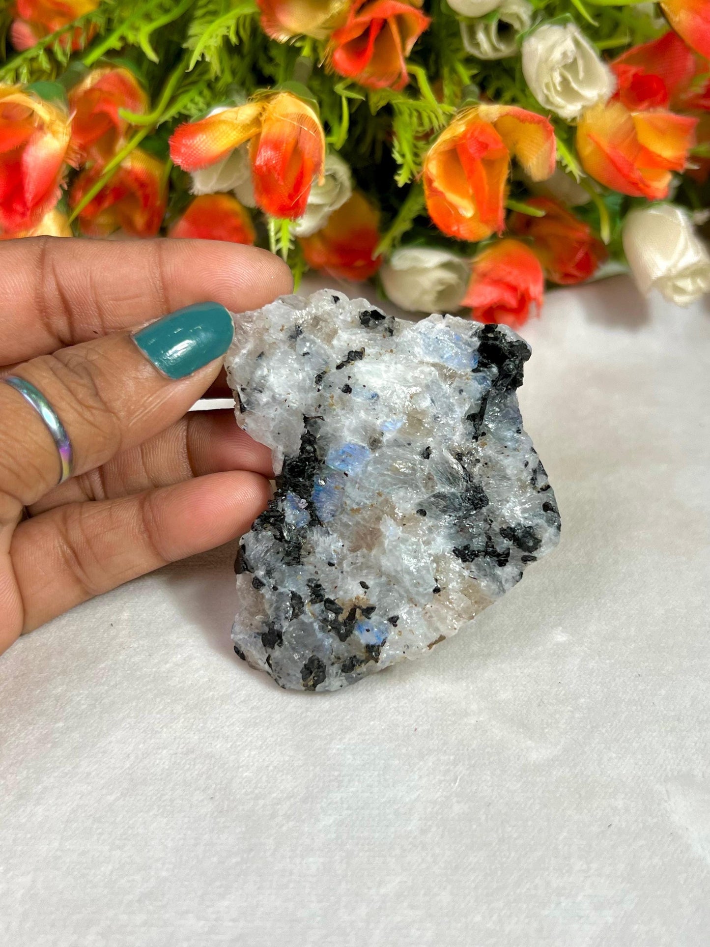 Premium White Rainbow Moonstone Crystal Natural Rough Stone with Beautiful Rainbow 69 Gram