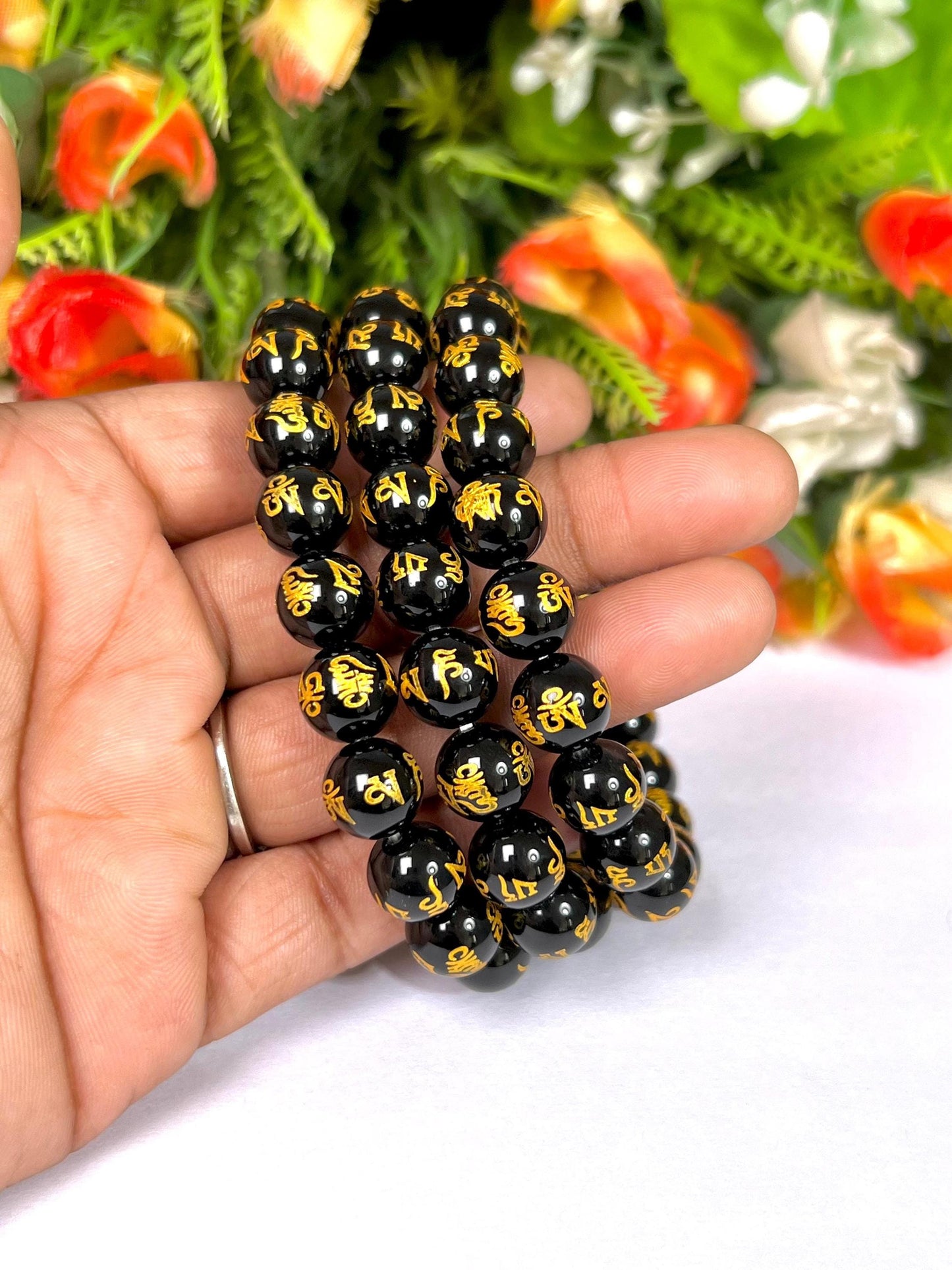 10 MM Black Obsidian Om Mani Padme Hum Stone Bracelet l Stretchable Bracelet l Unisex Bracelet