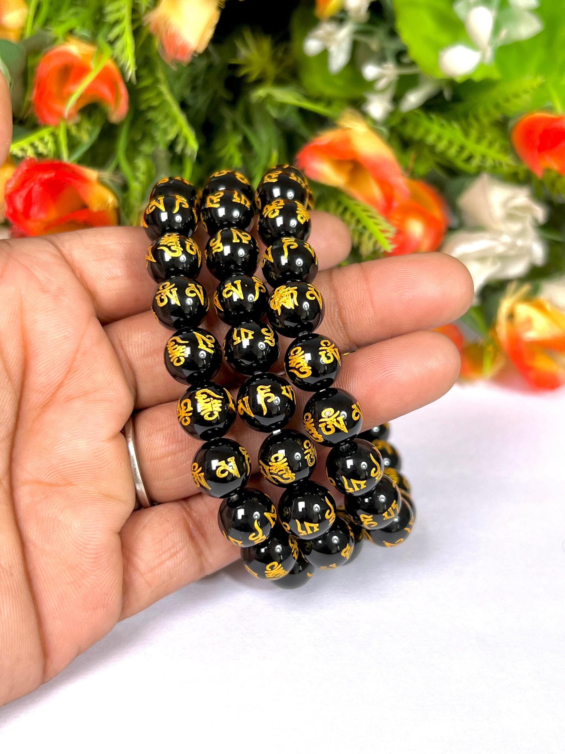 10 MM Black Obsidian Om Mani Padme Hum Stone Bracelet l Stretchable Bracelet l Unisex Bracelet