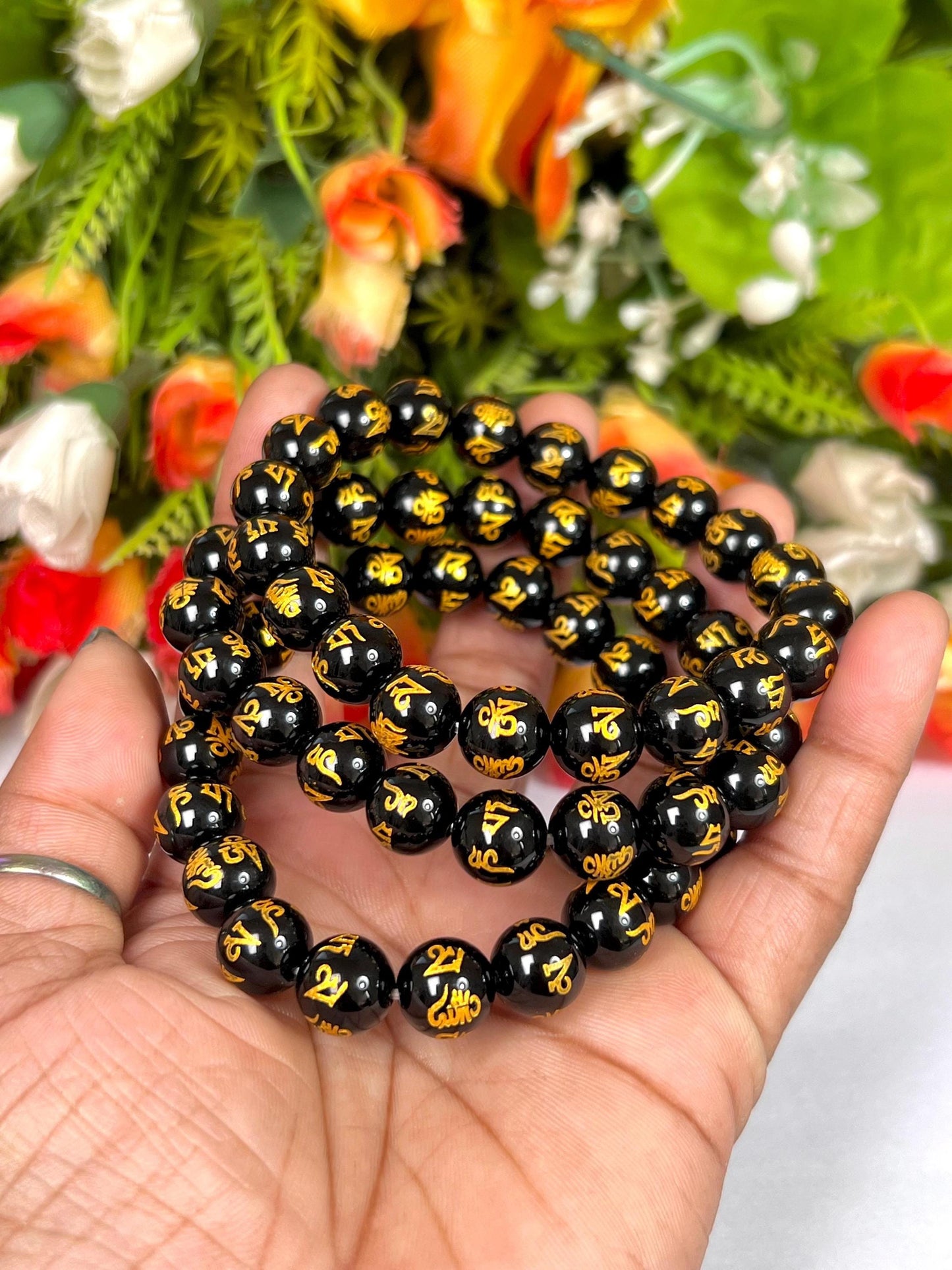10 MM Black Obsidian Om Mani Padme Hum Stone Bracelet l Stretchable Bracelet l Unisex Bracelet