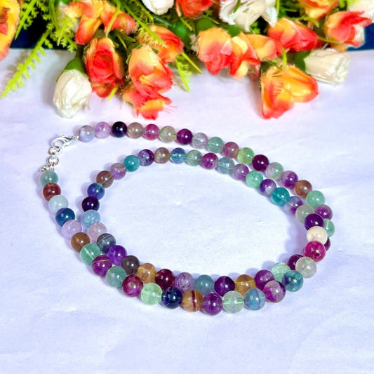 8 MM Rainbow Green Fluorite Stone Necklace 24 Inch