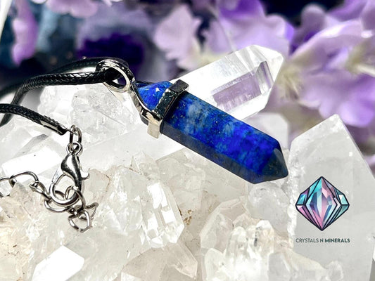 Lapis Lazuli Stone Double Point Pencil Pendant with Black Cord