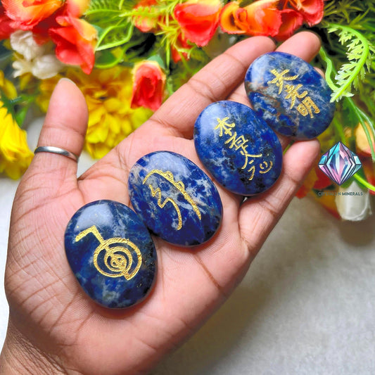 Sodalite Stone Set Of 4 Usui Reiki Symbol Engraved Oval Shape Stone l Cho Ku Rei l Sei Hei Ki l Hon Sha Ze Sho Nen l Dai Ko Myo
