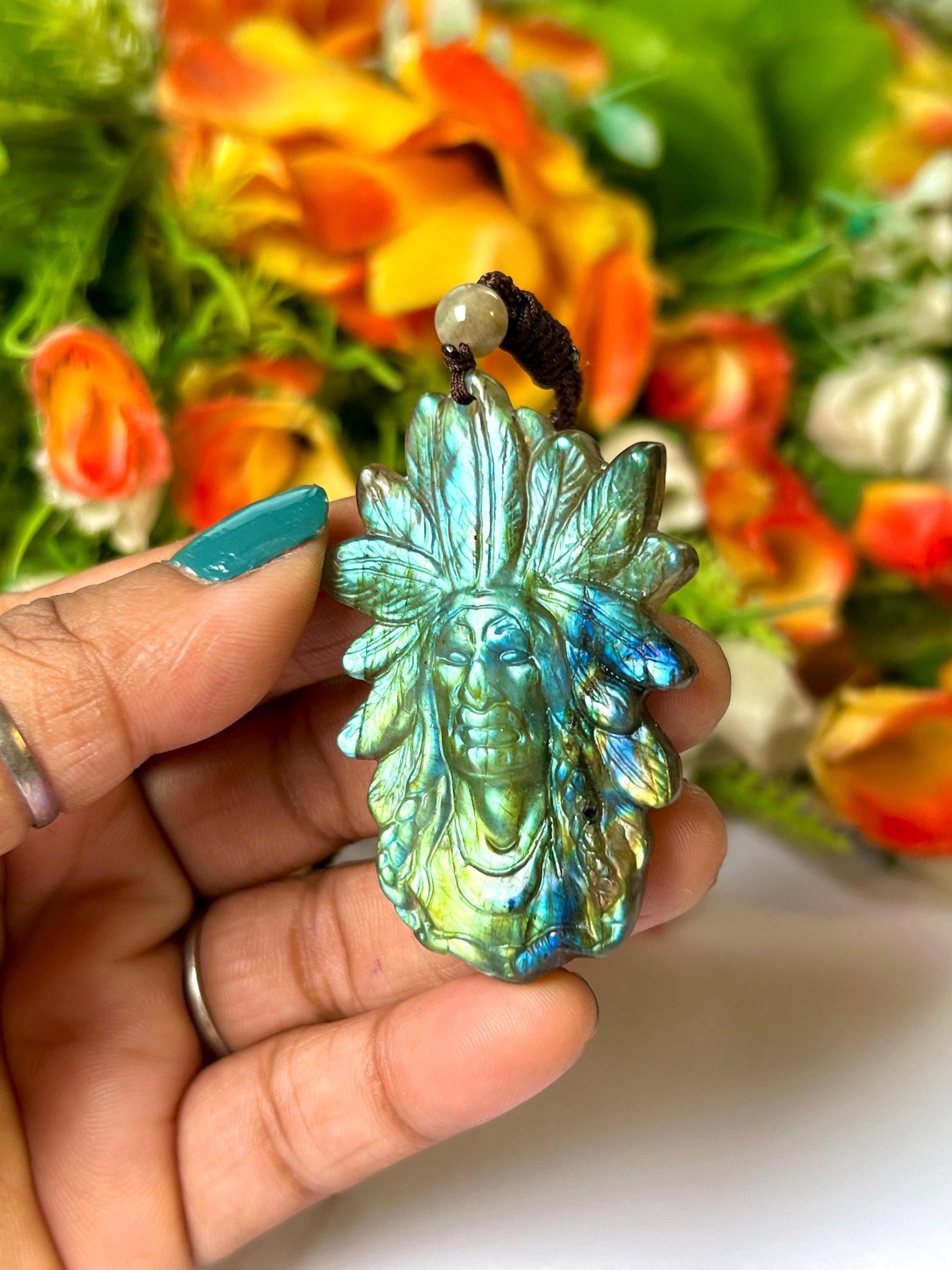 2.1" Ancient Spirit of the Aurora Labradorite Stone Carving Pendant Necklace With Long Cord Home Decoration, Reiki healing Gift for All