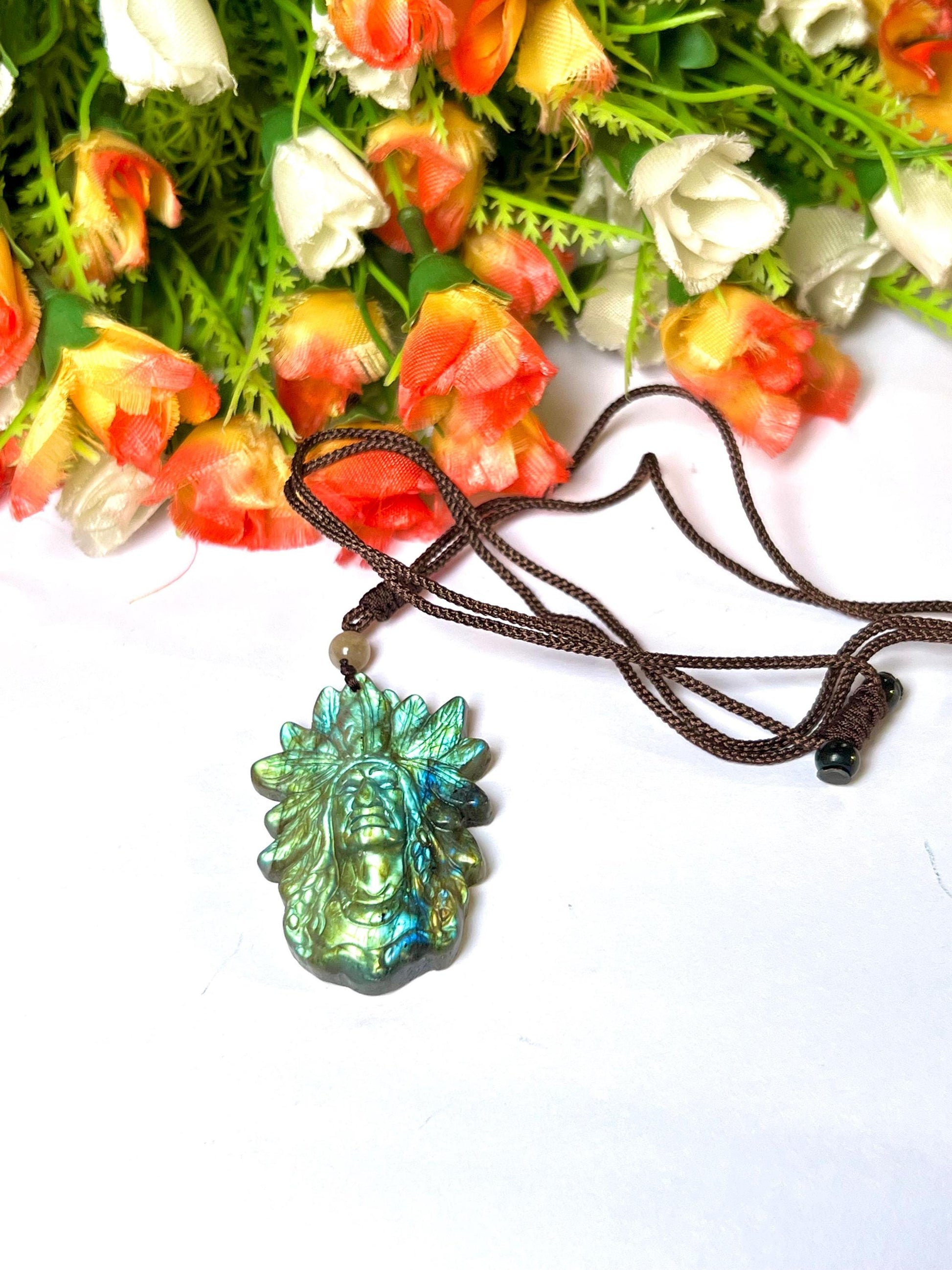 2.1" Ancient Spirit of the Aurora Labradorite Stone Carving Pendant Necklace With Long Cord Home Decoration, Reiki healing Gift for All