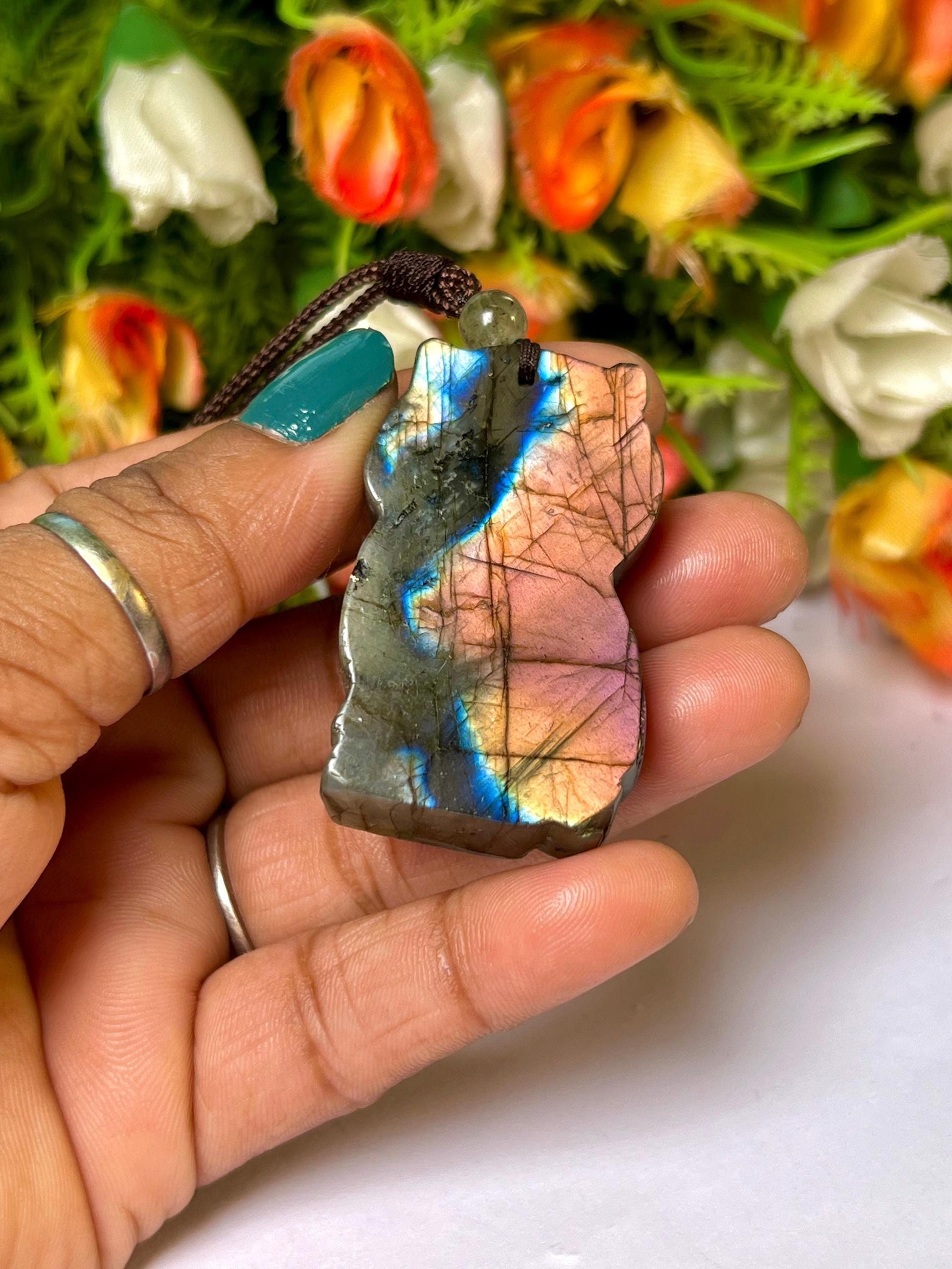 2.1" Labradorite Stone Owl Carving Pendant Necklace With Long Cord Home Decoration, Reiki healing Gift for All