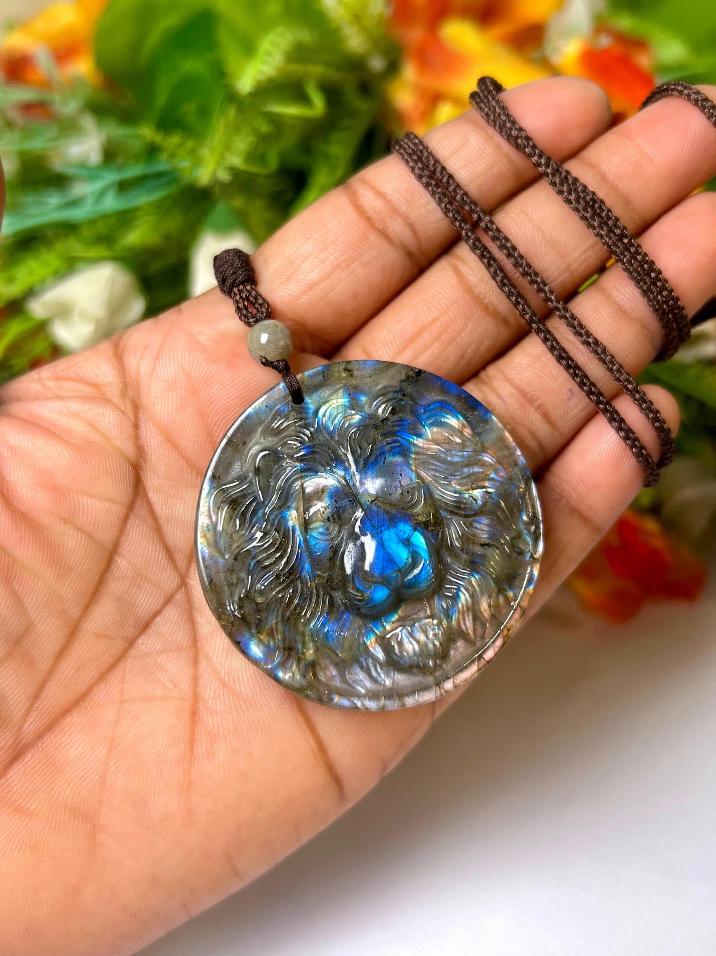 2.1" Labradorite Stone Lion Face Carving Pendant Necklace With Long Cord Home Decoration, Reiki healing Gift for All