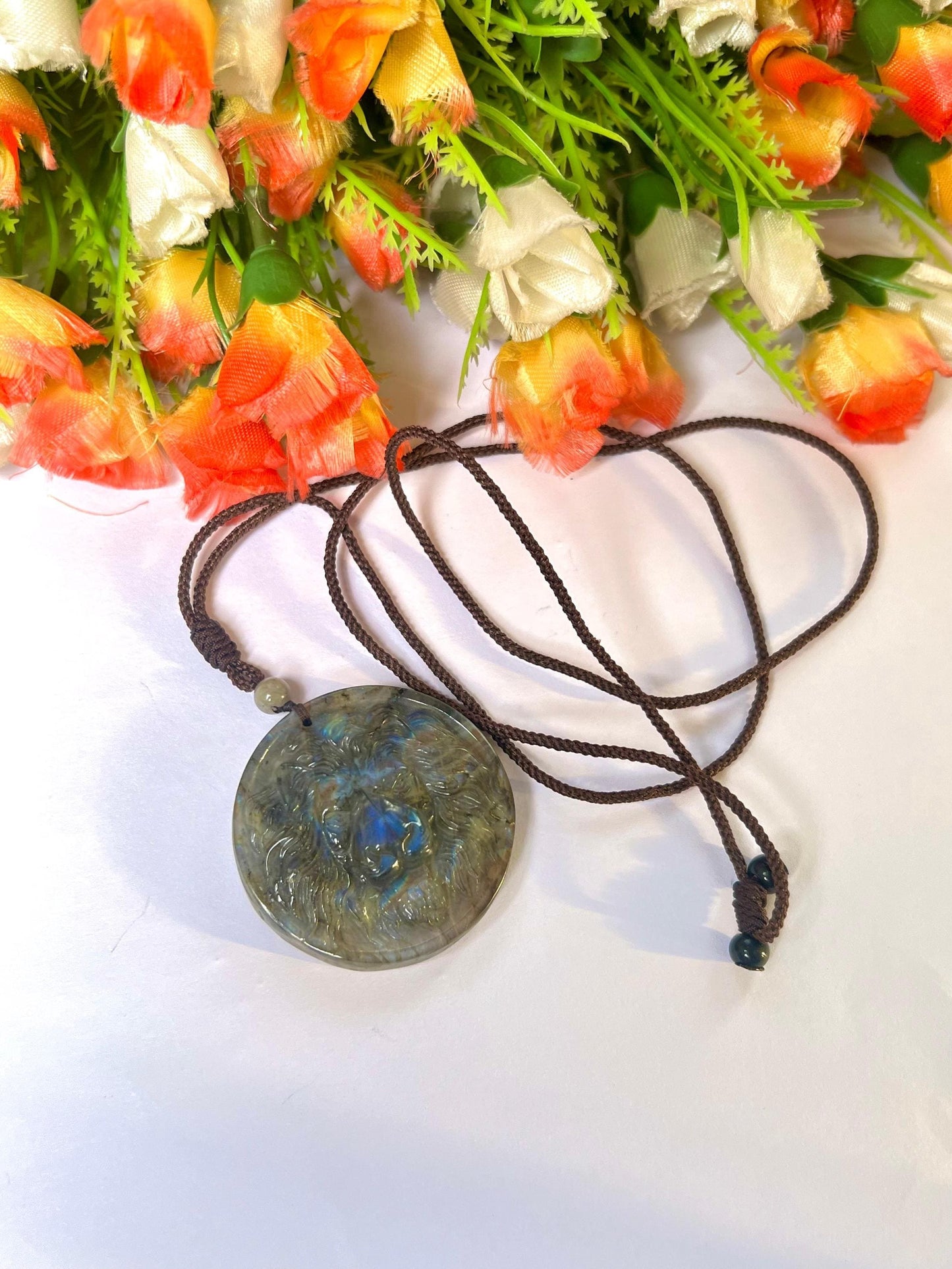 2.1" Labradorite Stone Lion Face Carving Pendant Necklace With Long Cord Home Decoration, Reiki healing Gift for All