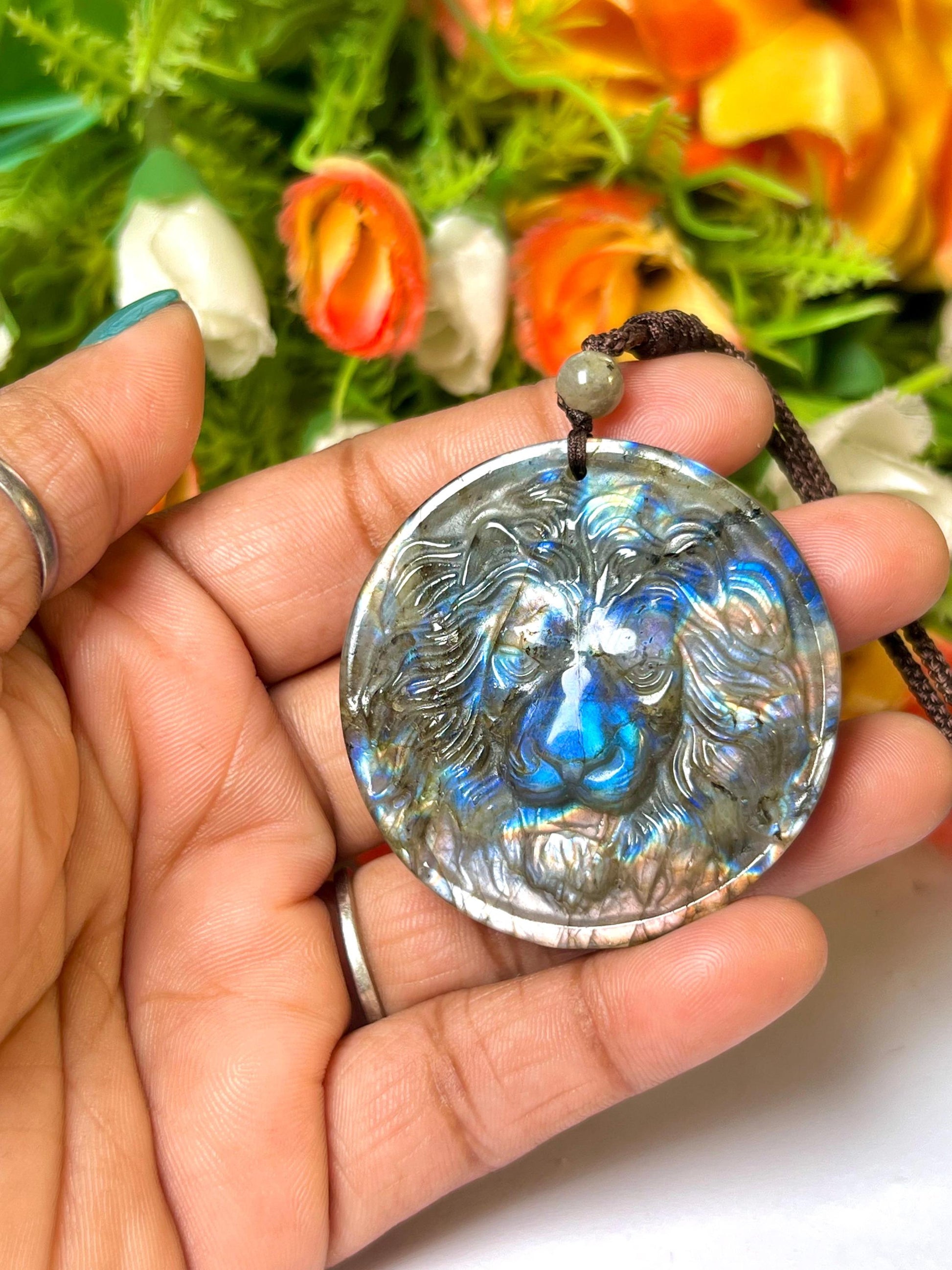 2.1" Labradorite Stone Lion Face Carving Pendant Necklace With Long Cord Home Decoration, Reiki healing Gift for All