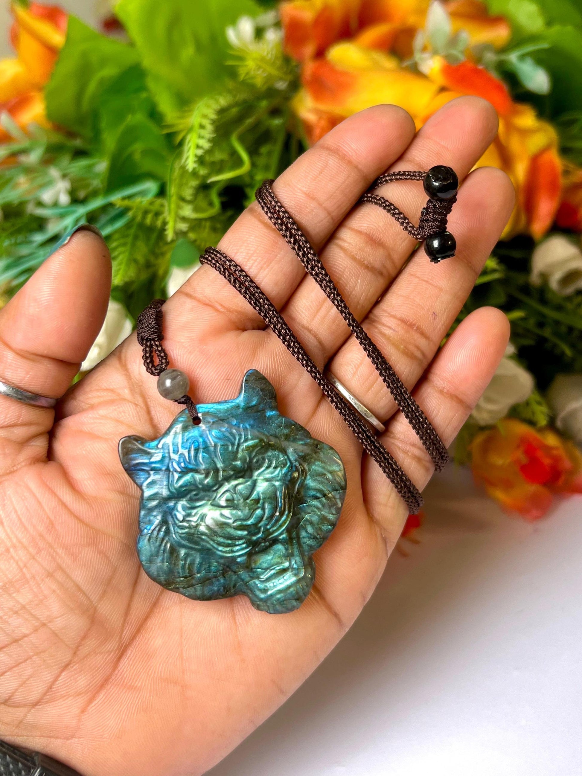 2.1" Labradorite Stone Tiger Face Carving Pendant Necklace With Long Cord Home Decoration, Reiki healing Gift for All