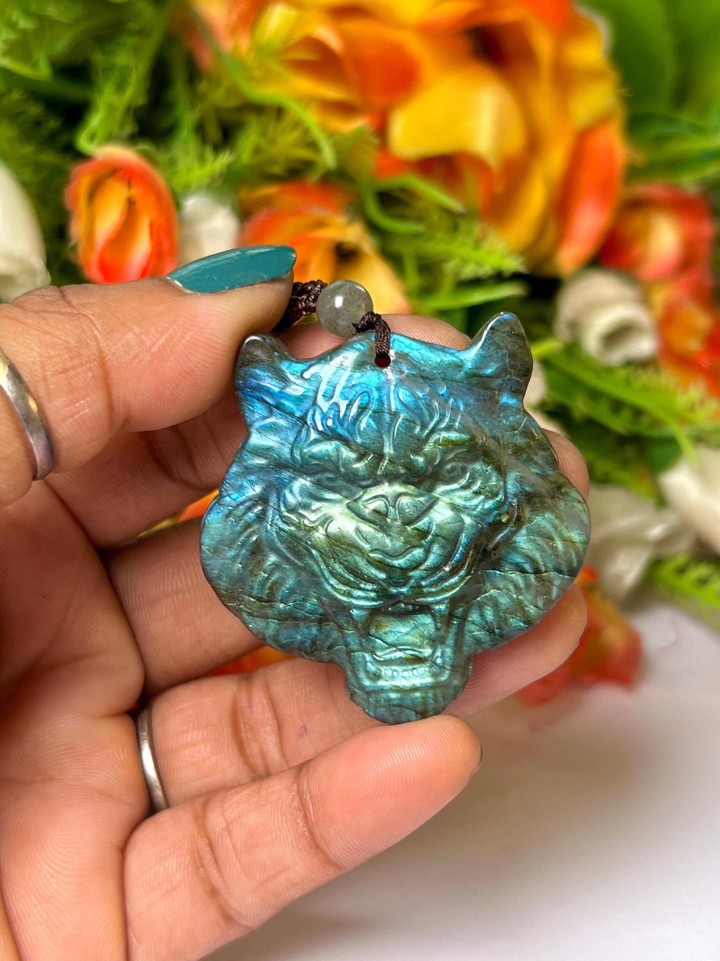 2.1" Labradorite Stone Tiger Face Carving Pendant Necklace With Long Cord Home Decoration, Reiki healing Gift for All