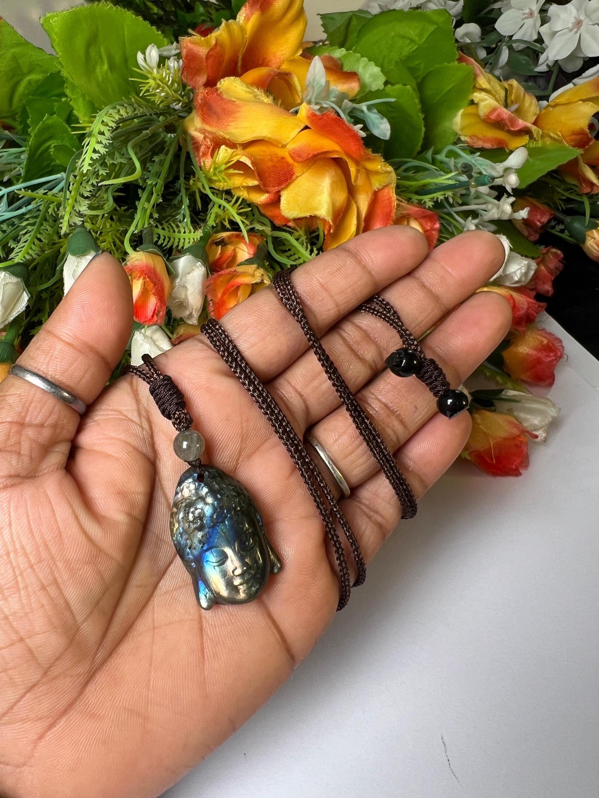 1.1" Labradorite Stone Buddha Face Carving Pendant Necklace With Long Cord Home Decoration, Reiki healing Gift for All