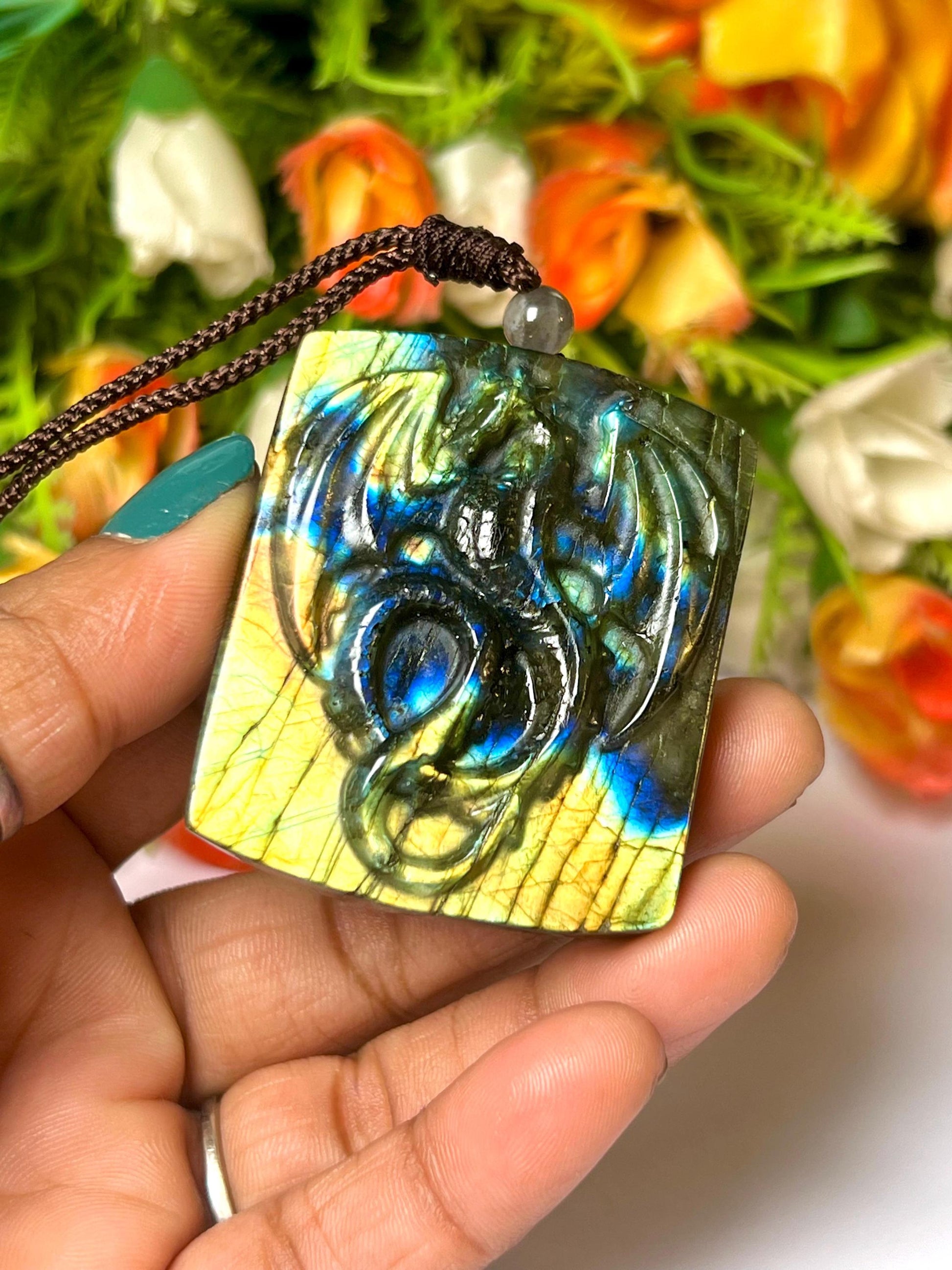 2.1" Labradorite Stone Dragon Skull Carving Pendant Necklace With Long Cord Home Decoration, Reiki healing Gift for All