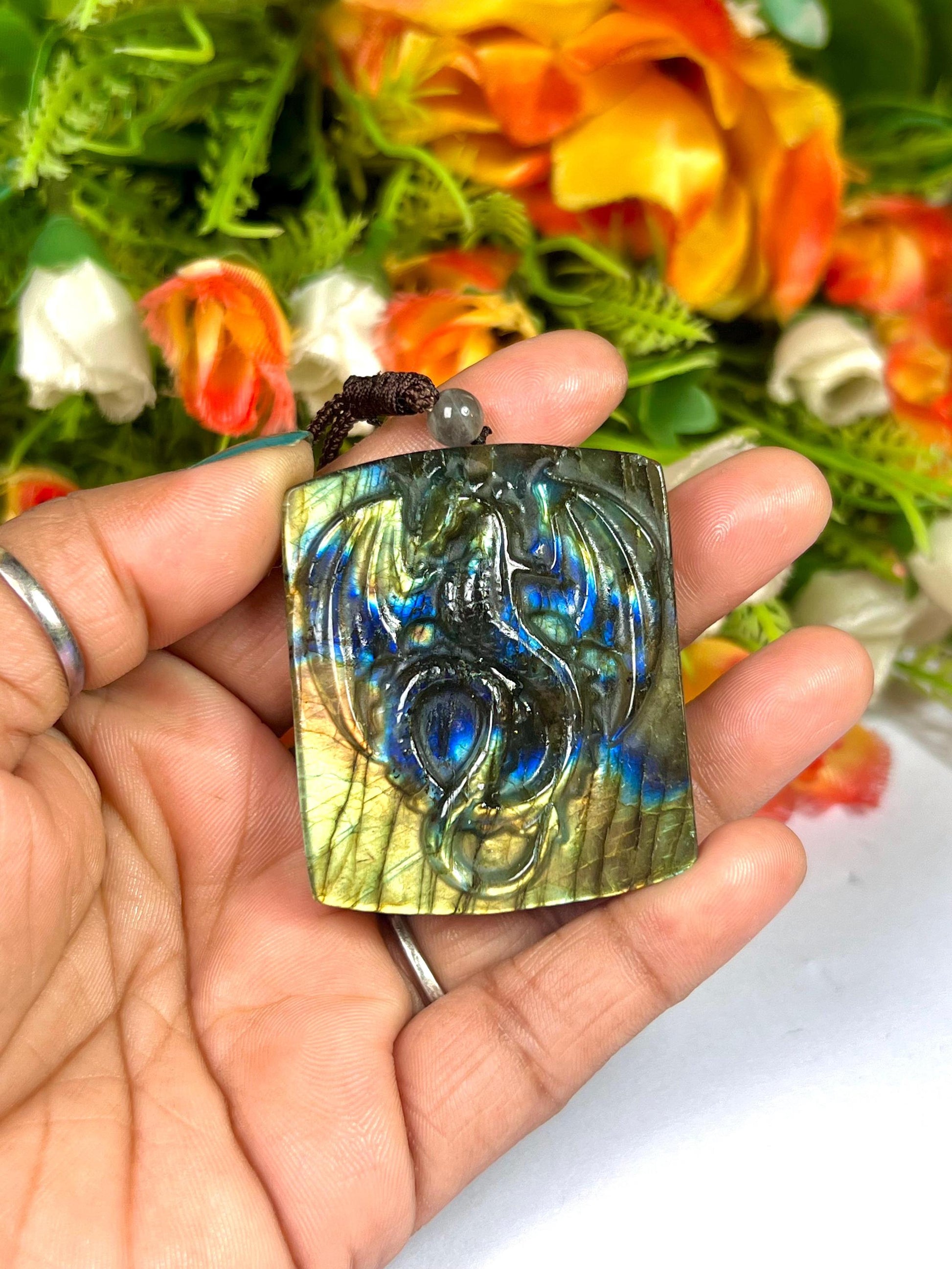 2.1" Labradorite Stone Dragon Skull Carving Pendant Necklace With Long Cord Home Decoration, Reiki healing Gift for All