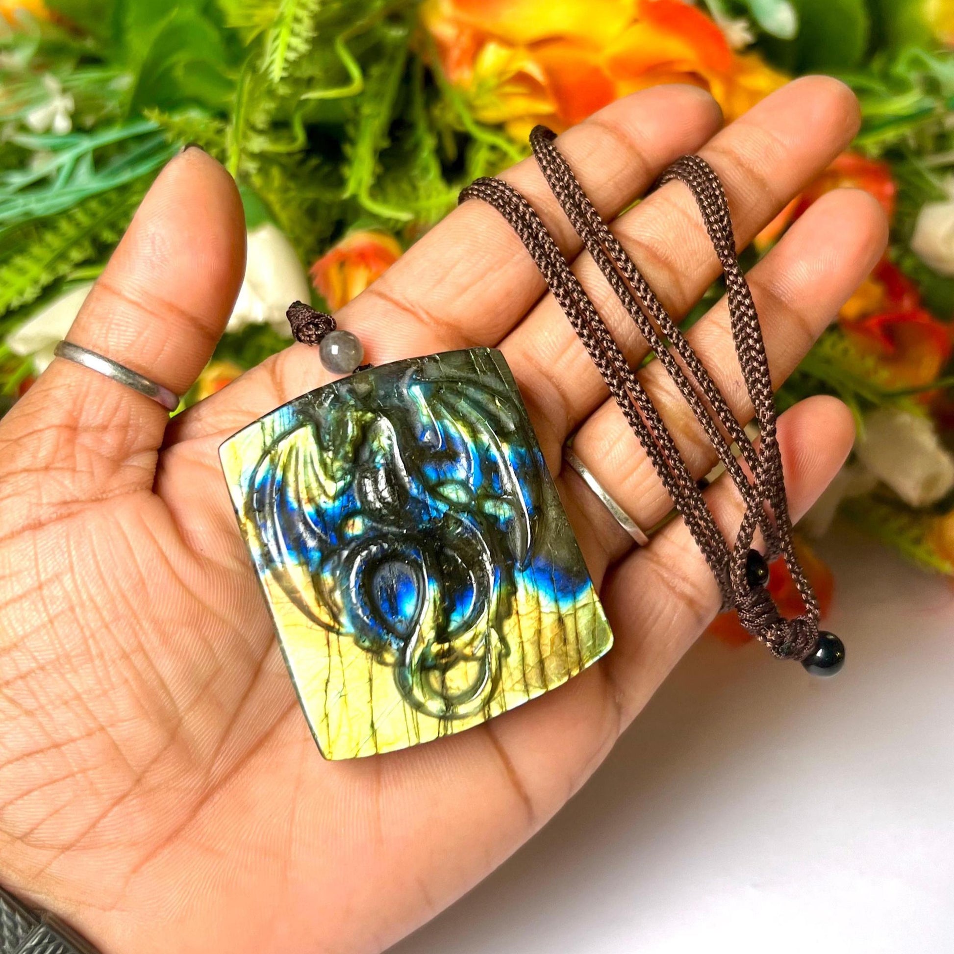 2.1" Labradorite Stone Dragon Skull Carving Pendant Necklace With Long Cord Home Decoration, Reiki healing Gift for All