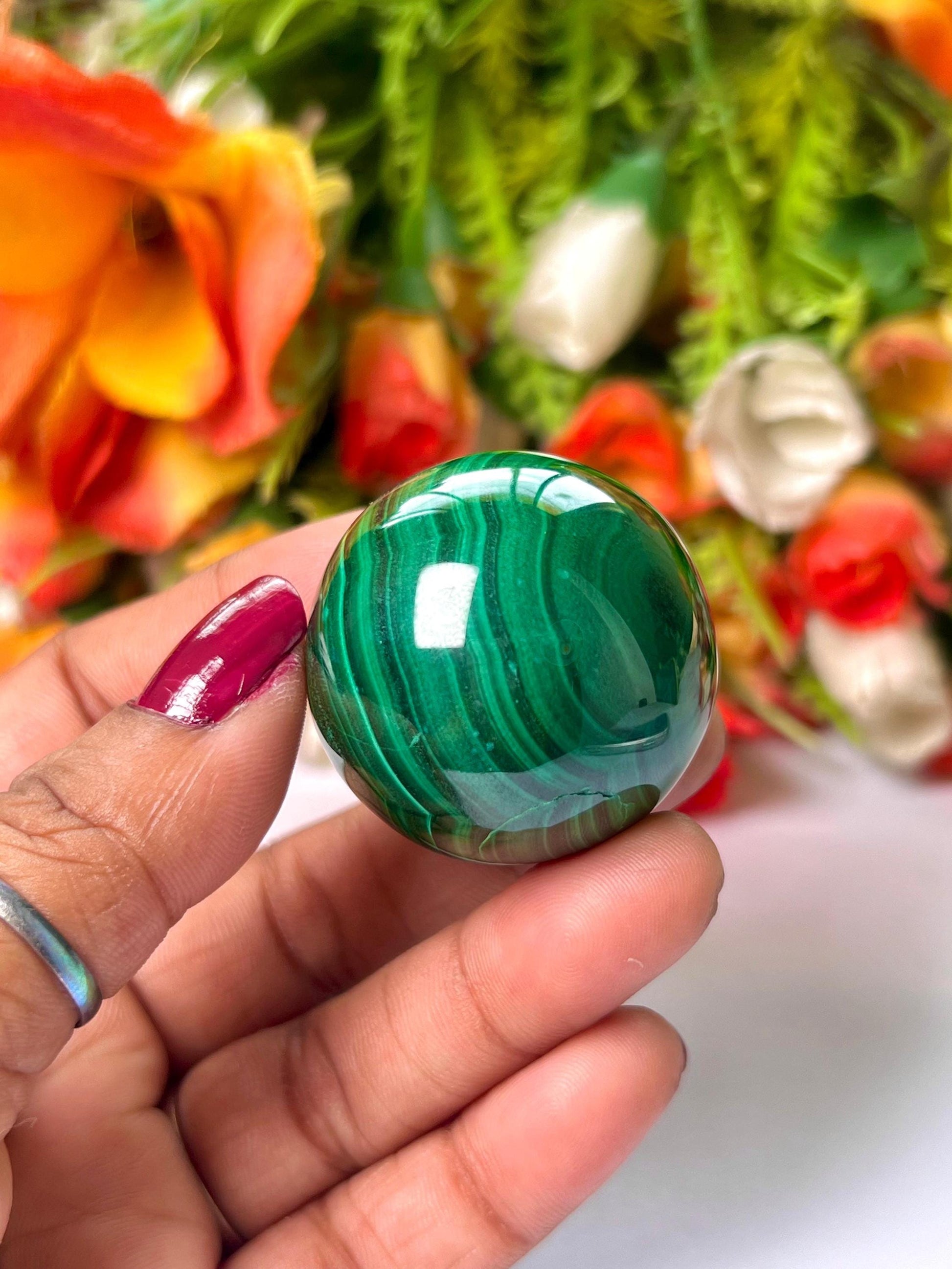Malachite Stone Sphere 88 Gram Crystal Ball Orb Pocket Stone Meditation Space Crystal Grid With wooden Stand