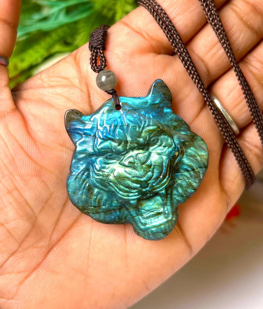 2.1" Labradorite Stone Tiger Face Carving Pendant Necklace With Long Cord Home Decoration, Reiki healing Gift for All