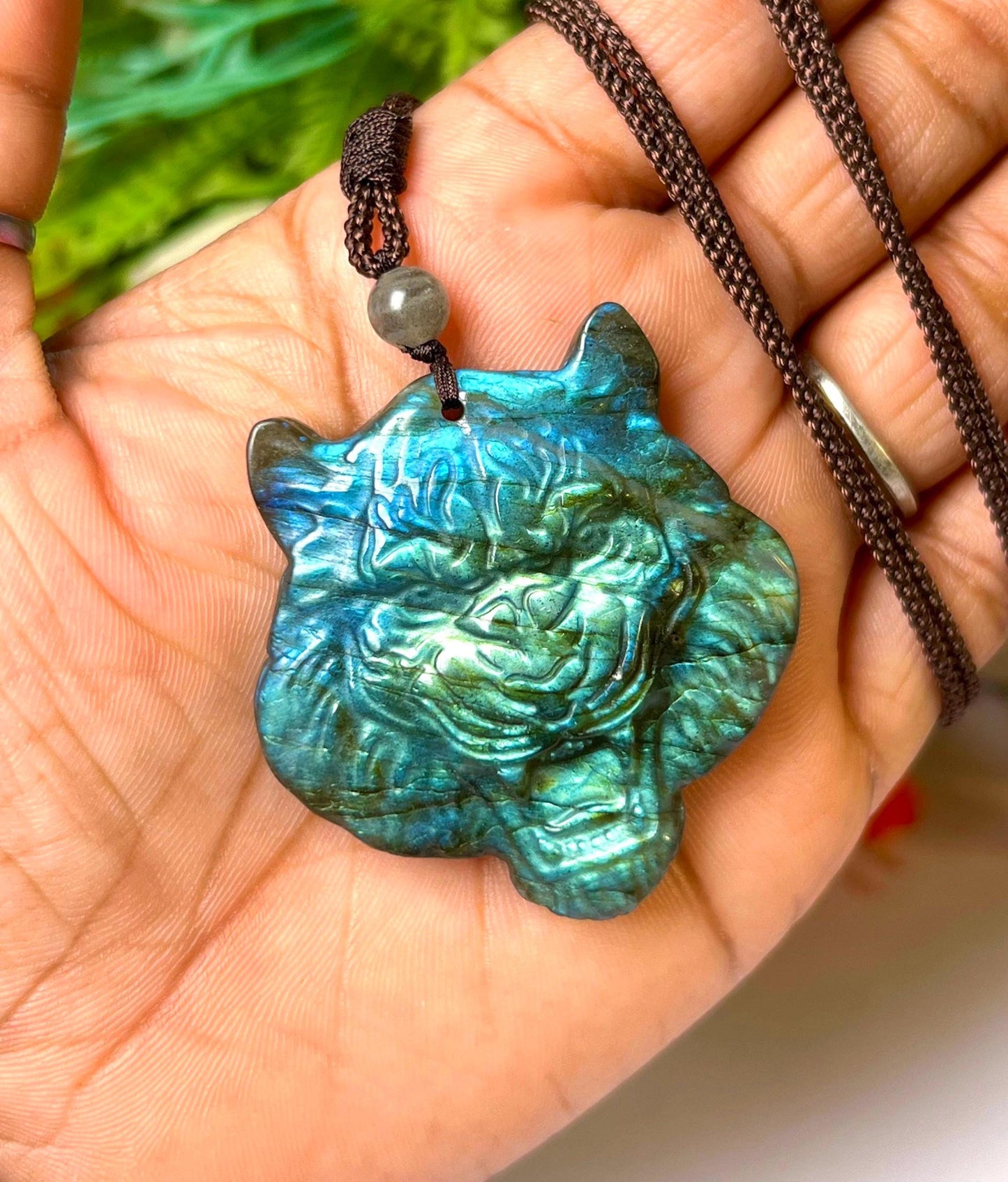 2.1" Labradorite Stone Tiger Face Carving Pendant Necklace With Long Cord Home Decoration, Reiki healing Gift for All