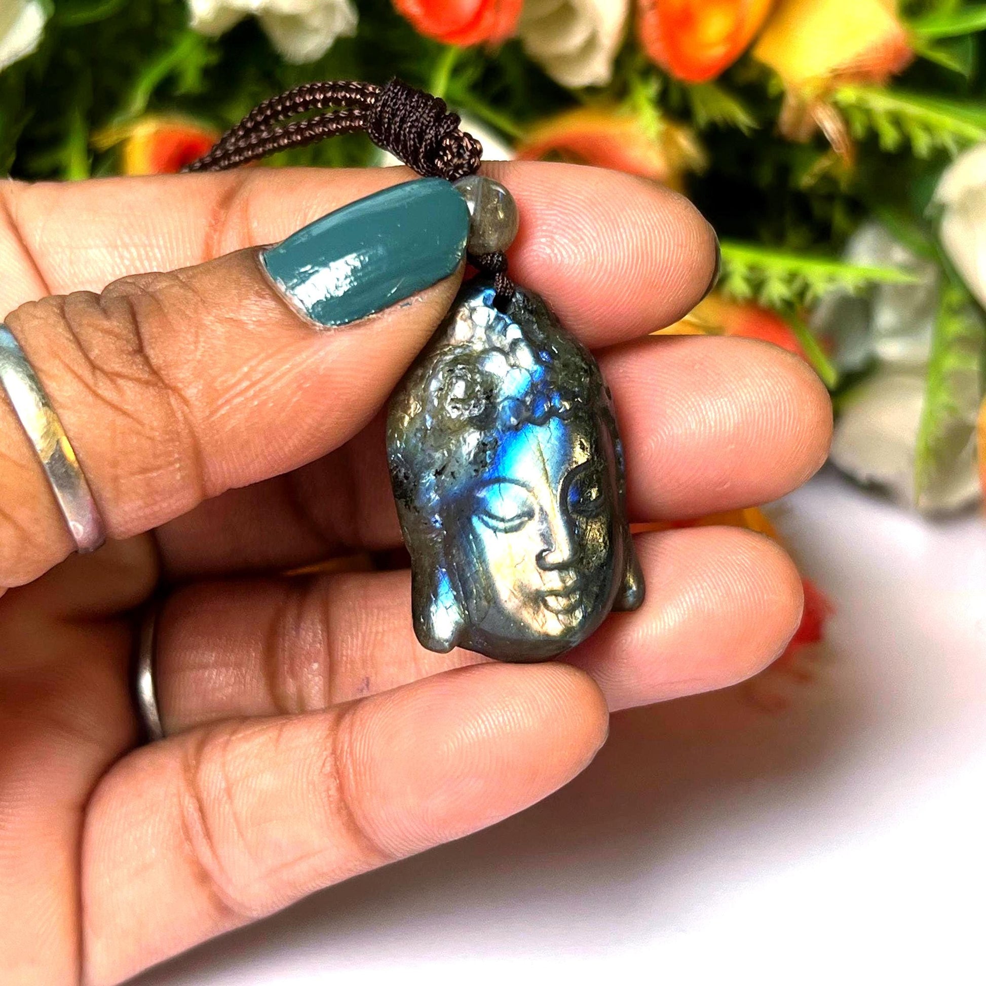 1.1" Labradorite Stone Buddha Face Carving Pendant Necklace With Long Cord Home Decoration, Reiki healing Gift for All