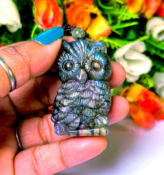 2.1" Labradorite Stone Owl Carving Pendant Necklace With Long Cord Home Decoration, Reiki healing Gift for All