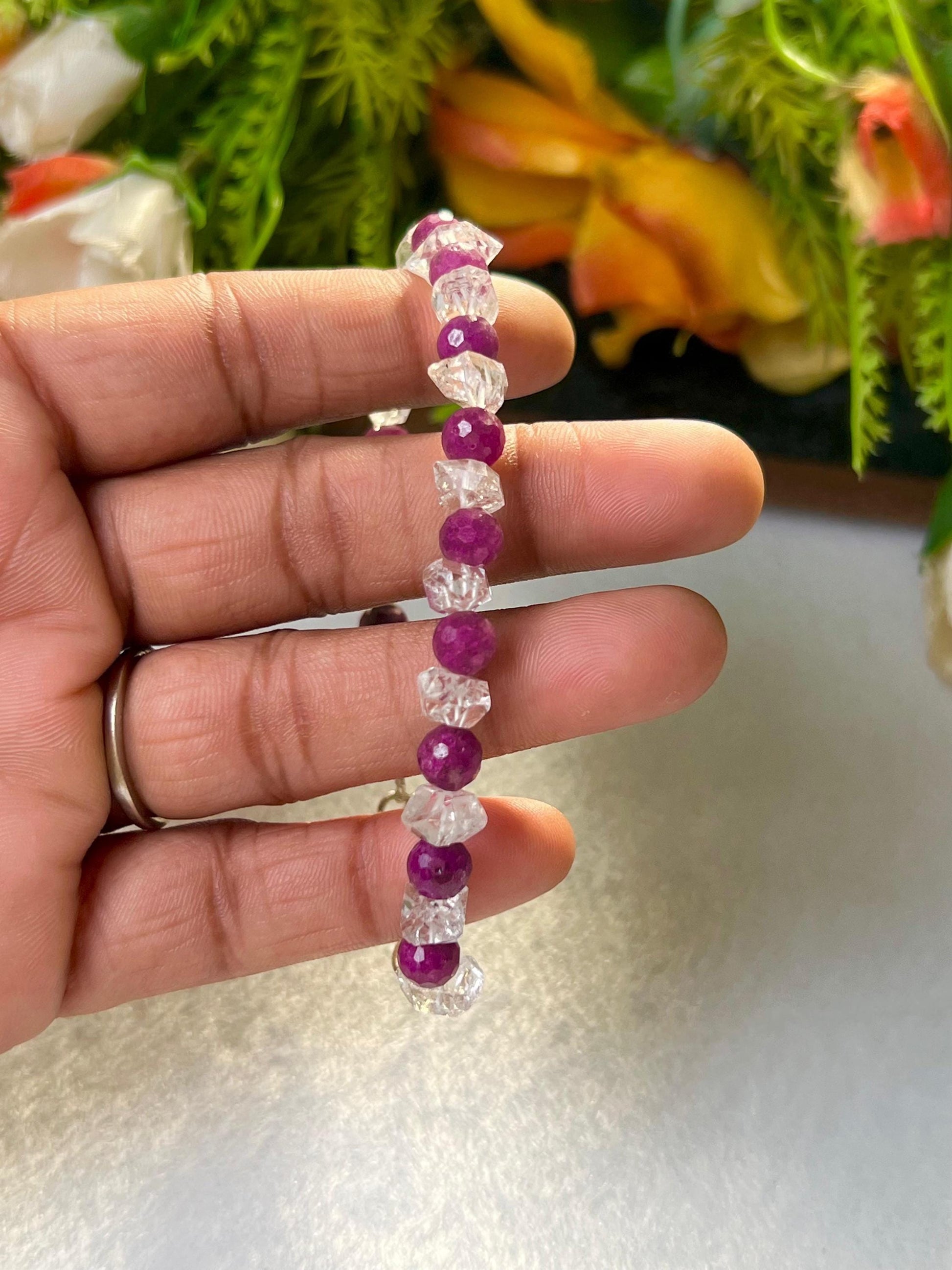 6 MM Herkimer Diamond and Ruby Stone Cutting Stone Minimalist Bracelet Dainty Bracelet Fit for 6 Inch to 7.5 Inch Wrist