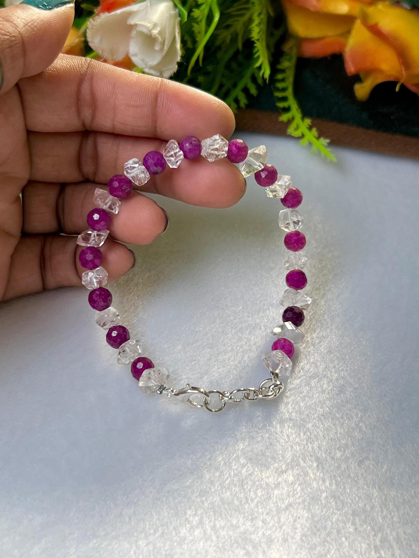 6 MM Herkimer Diamond and Ruby Stone Cutting Stone Minimalist Bracelet Dainty Bracelet Fit for 6 Inch to 7.5 Inch Wrist