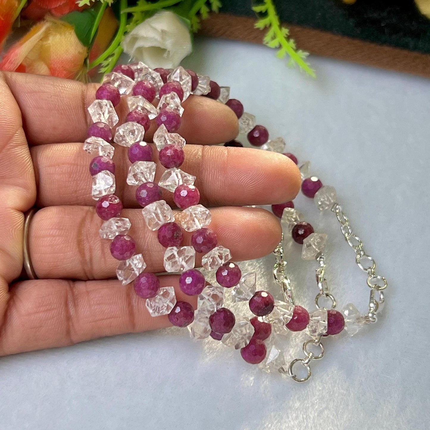 6 MM Herkimer Diamond and Ruby Stone Cutting Stone Minimalist Bracelet Dainty Bracelet Fit for 6 Inch to 7.5 Inch Wrist